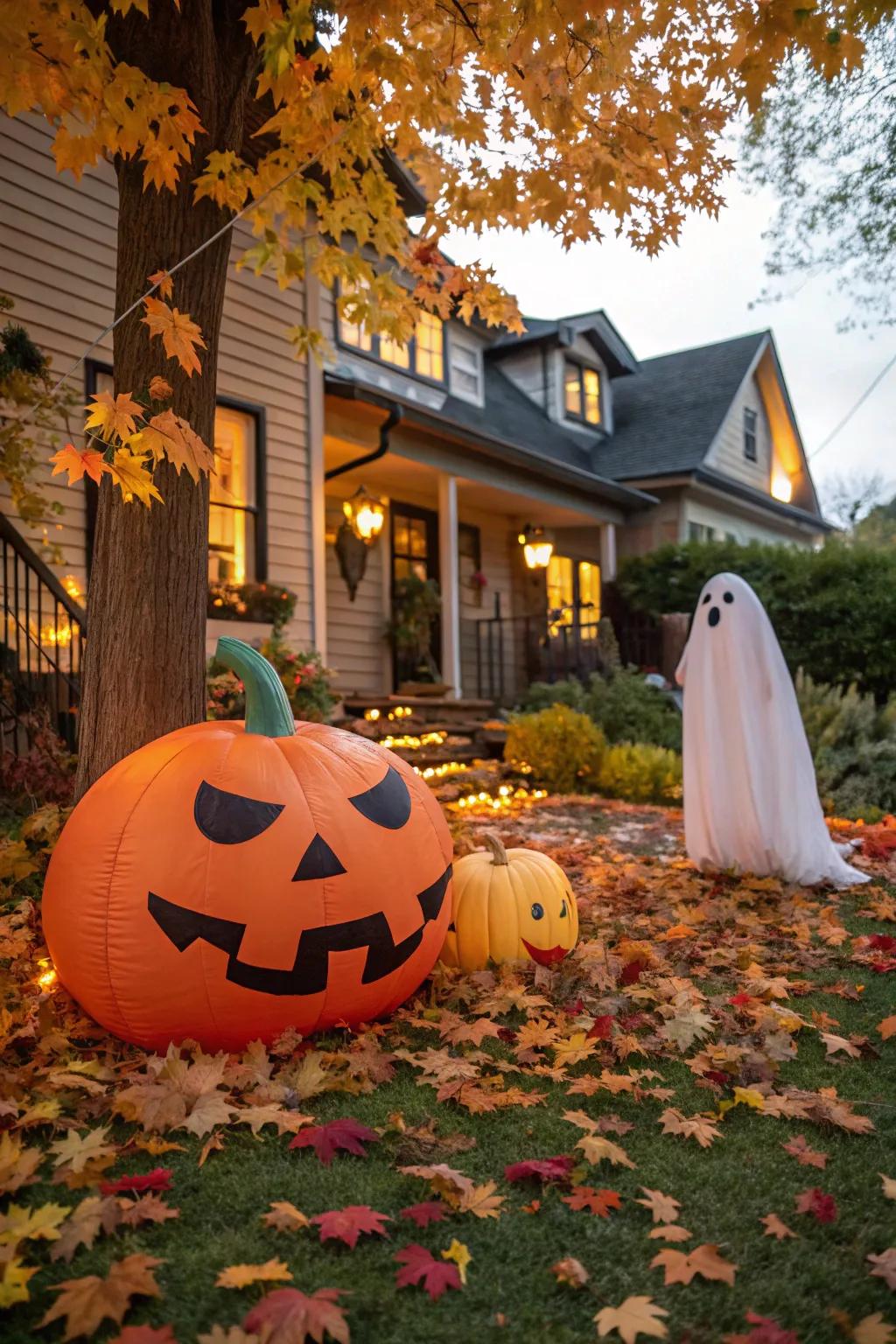 Instant Halloween fun with large inflatable decorations in the yard.