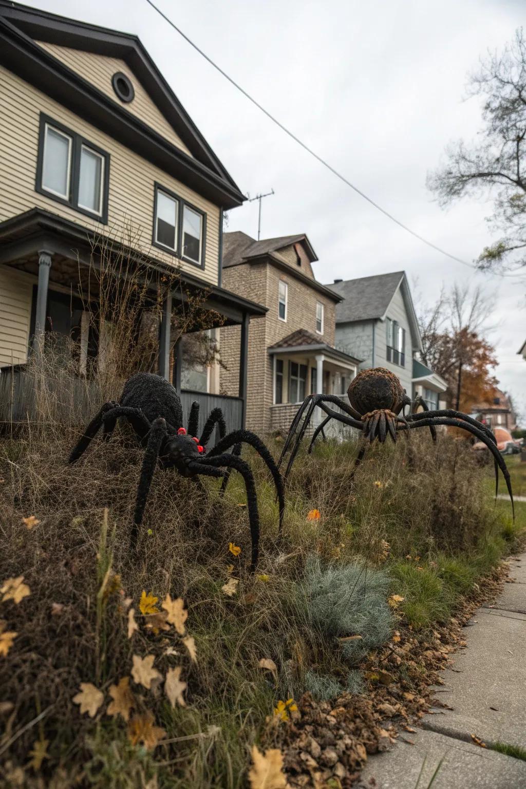 Giant spiders lurking in the yard, perfect for a spine-tingling Halloween.
