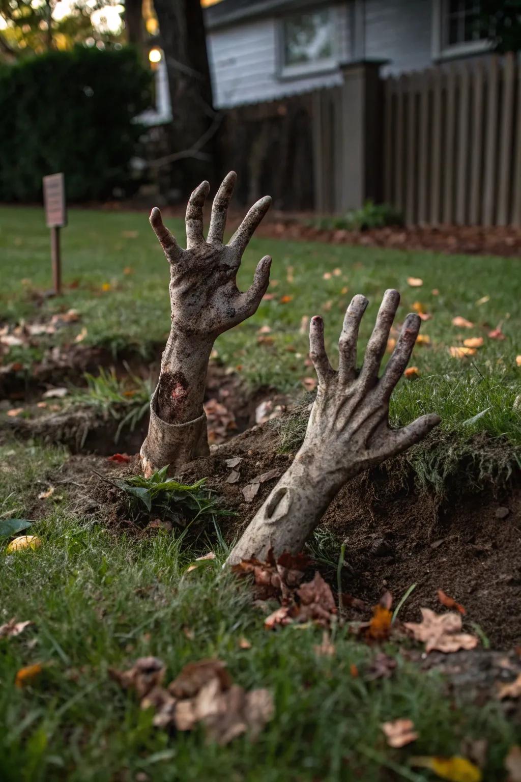 Zombie hands reaching out from the ground, ready to surprise unsuspecting guests.