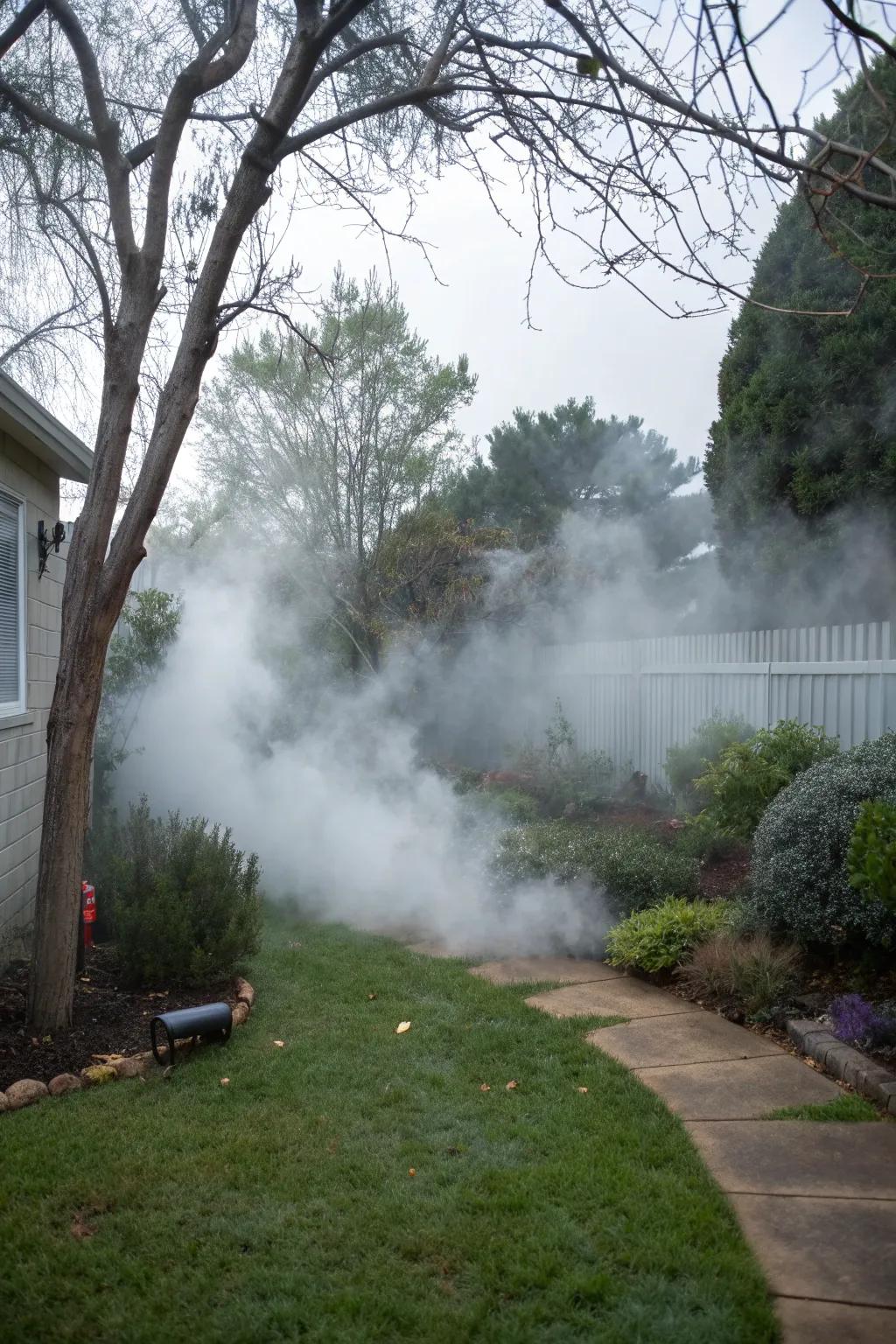 A chilling fog blankets the yard, enhancing the Halloween mystique.
