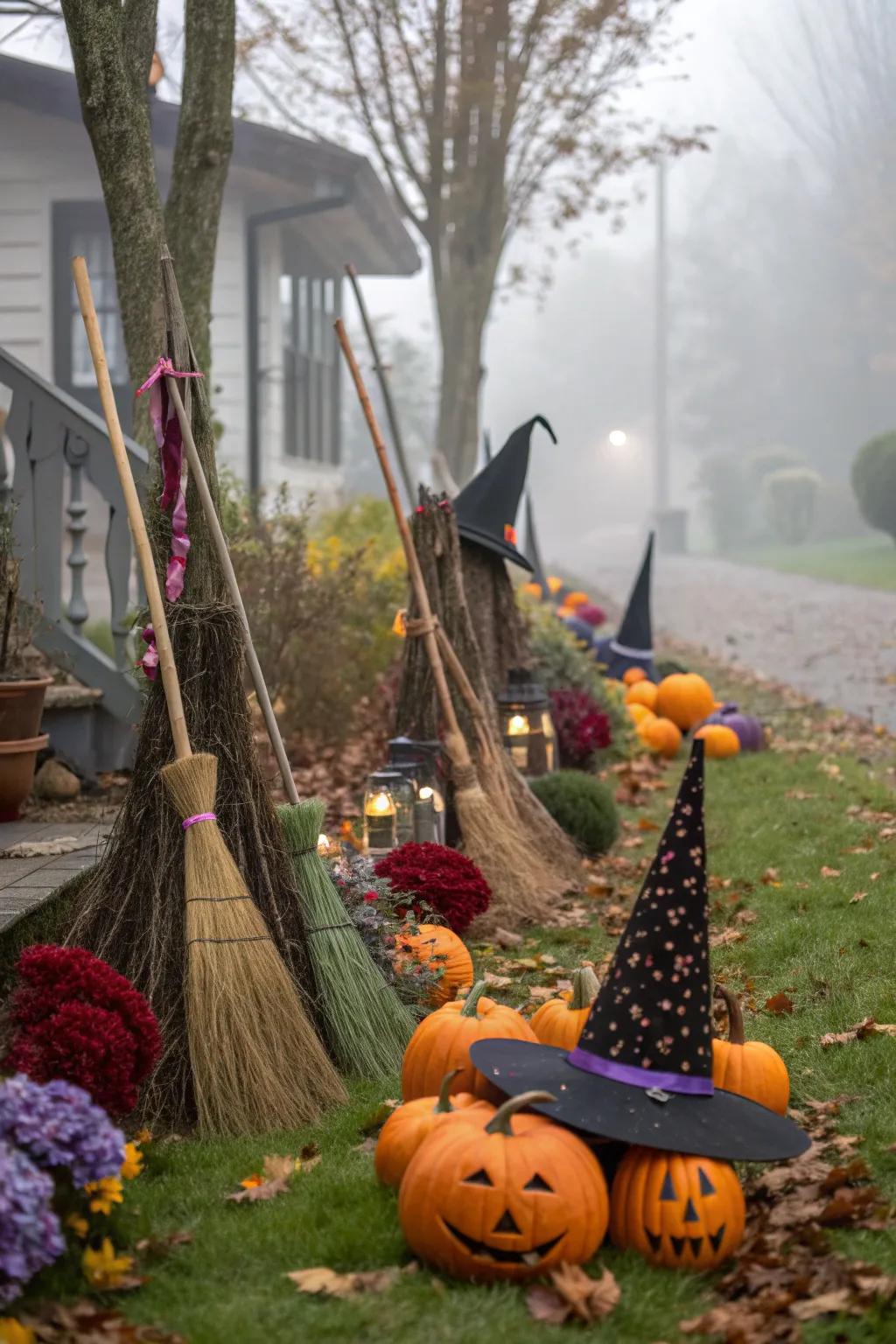 Witchy elements add a classic touch of enchantment to the Halloween yard.