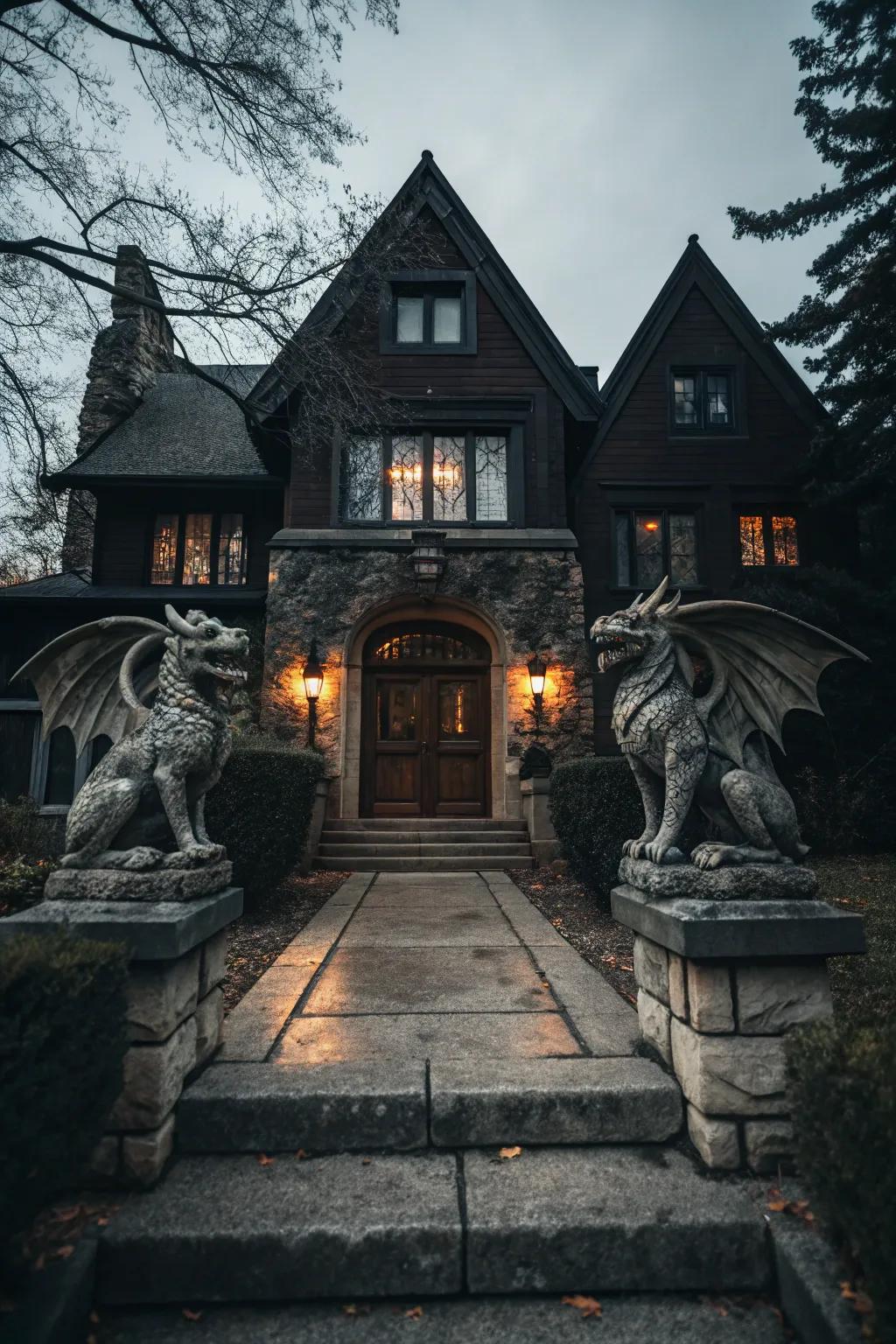 Gargoyle guardians welcome guests with a touch of gothic elegance.