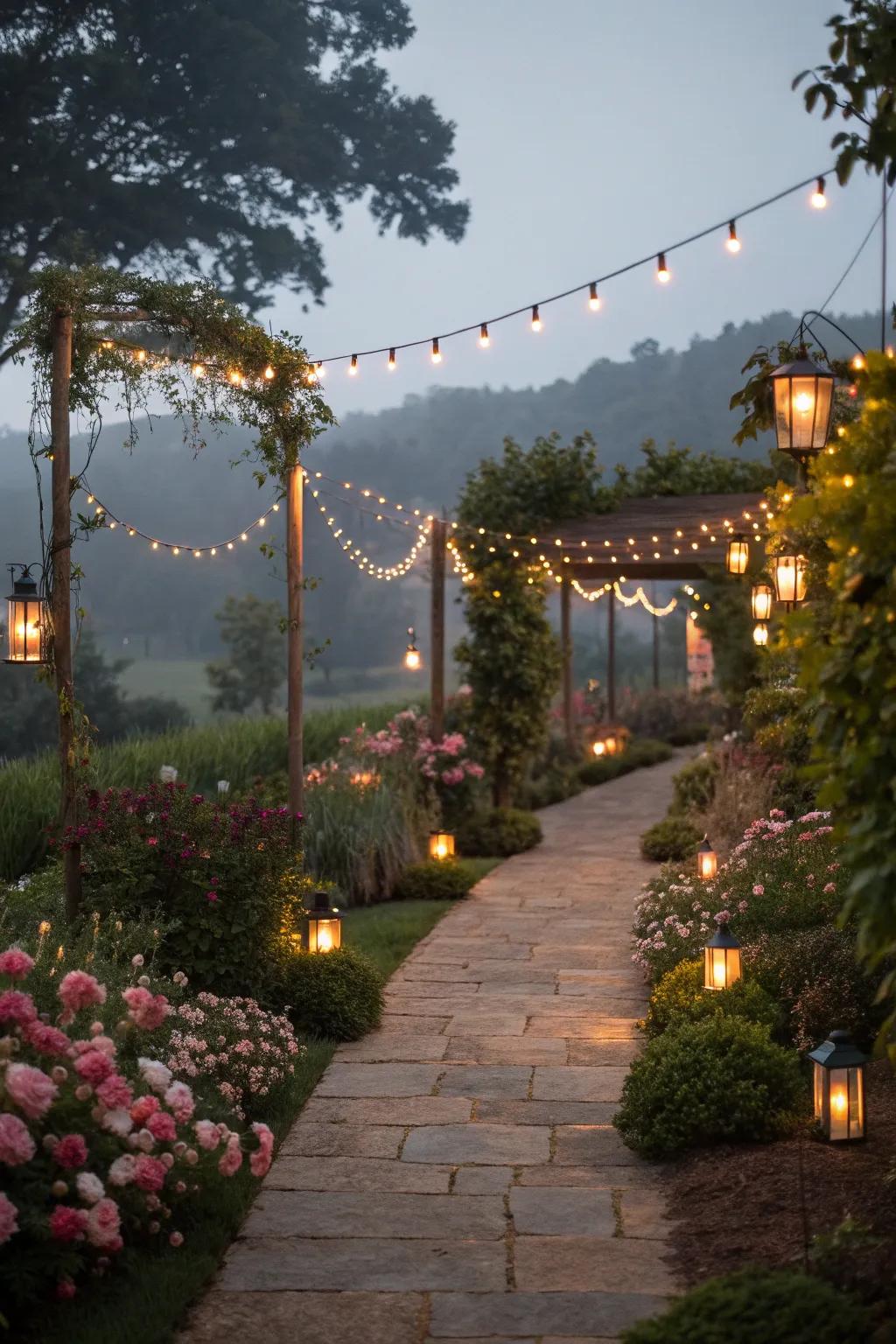 A beautifully lit pathway invites guests into the Halloween yard.