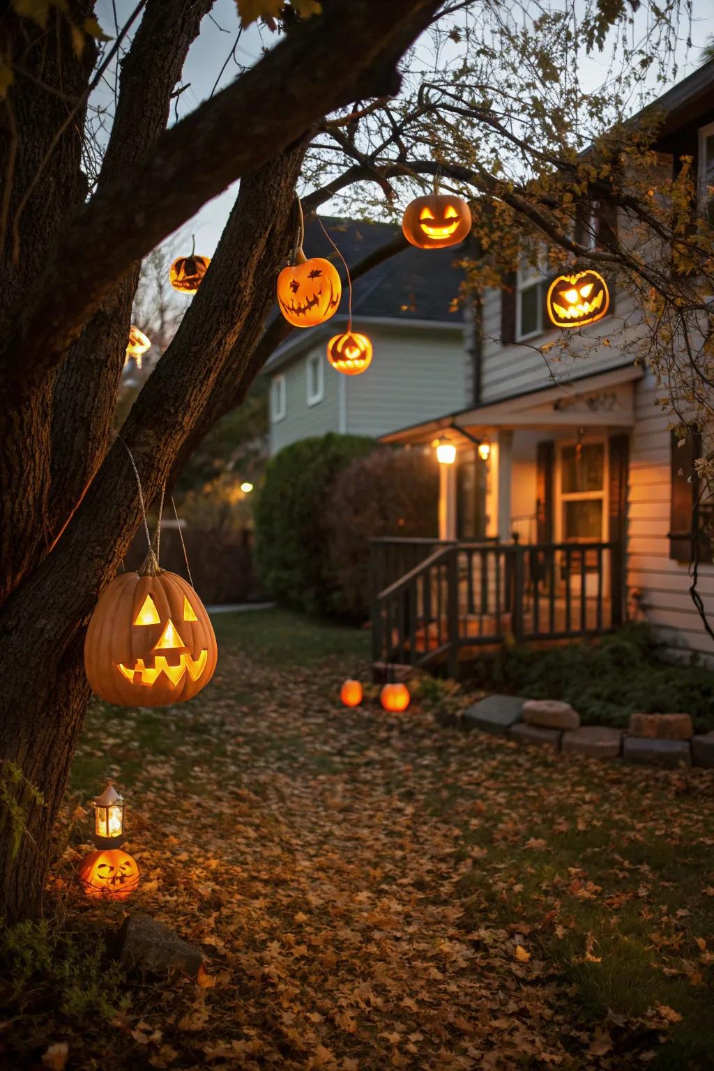 Floating jack-o'-lanterns create a mystical canopy in the Halloween yard.