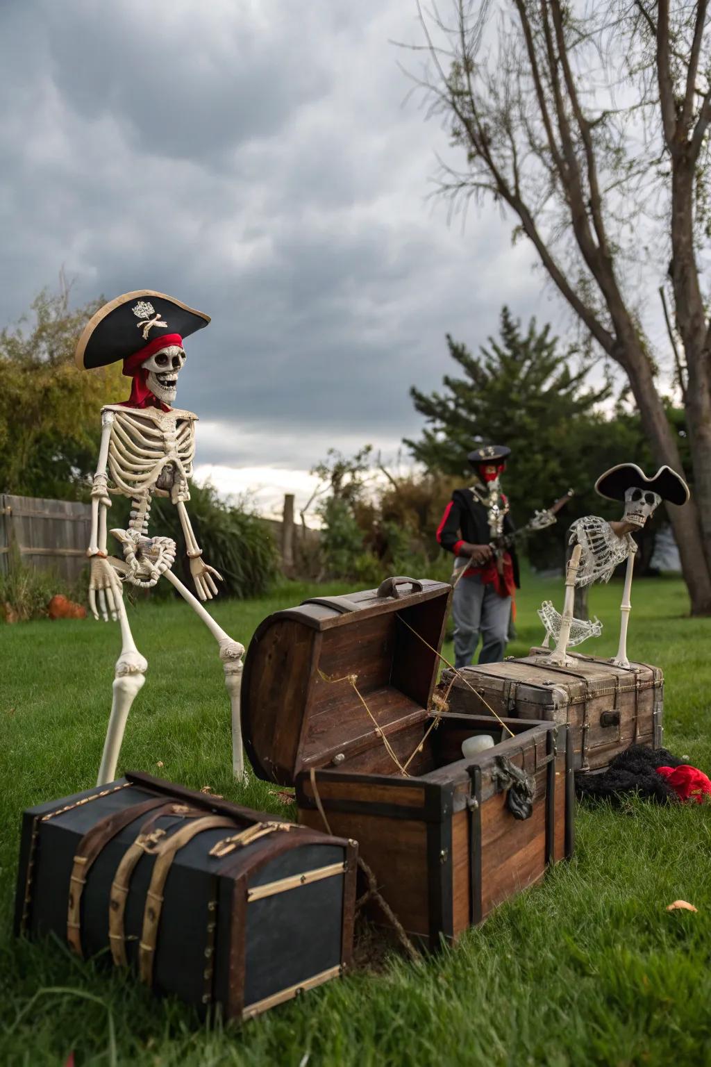 A whimsical pirate skeleton scene, adding a fun theme to the Halloween yard.