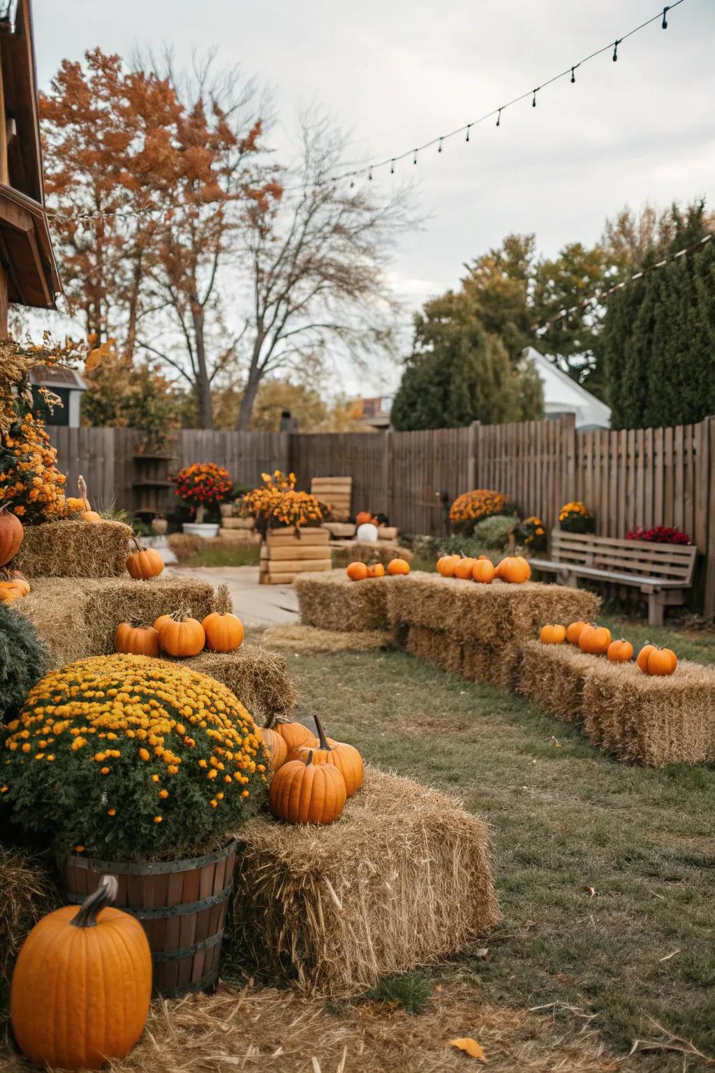 Cozy hay bale seating, perfect for a rustic Halloween gathering.