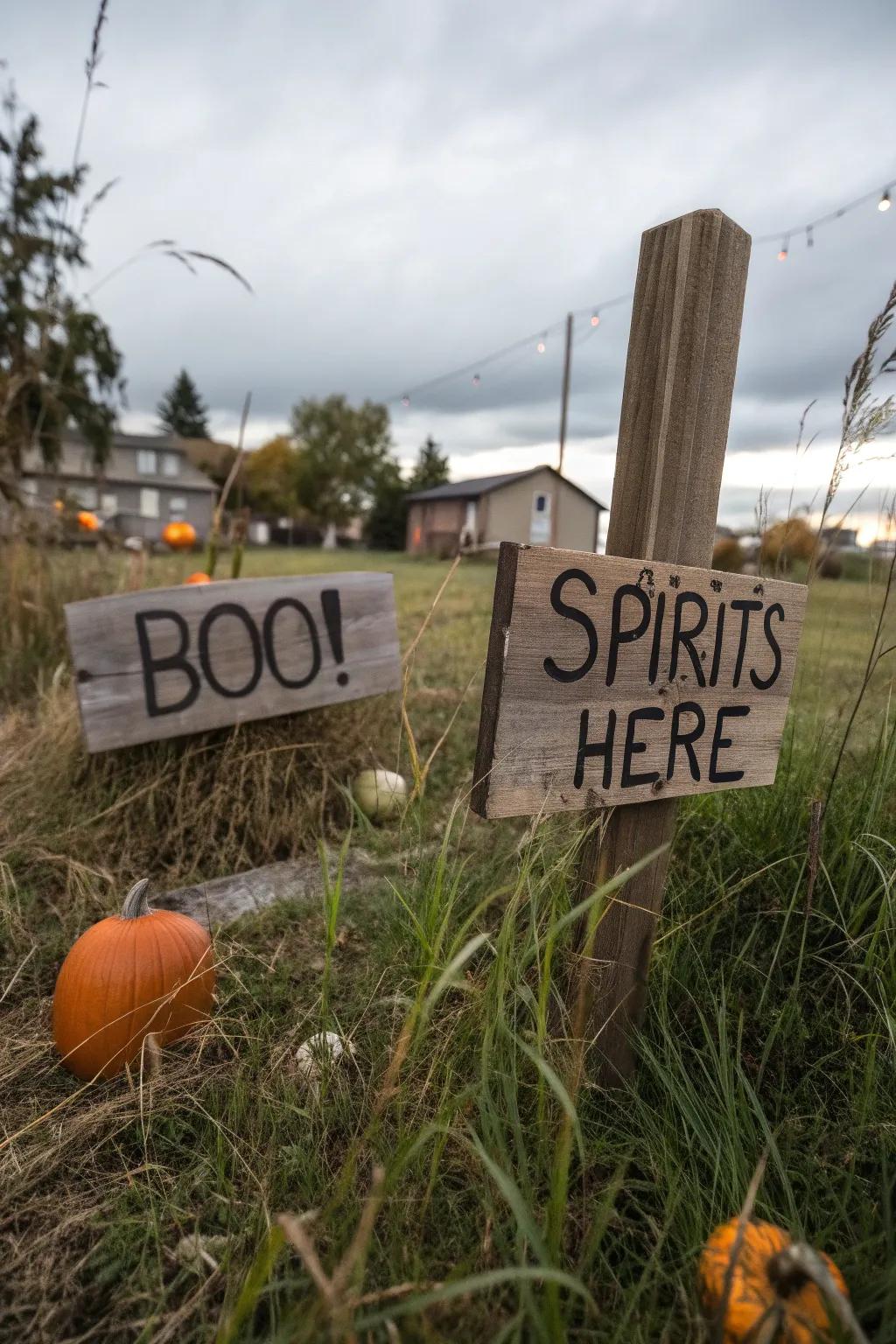 Mysterious signs guide guests through a haunted Halloween adventure.