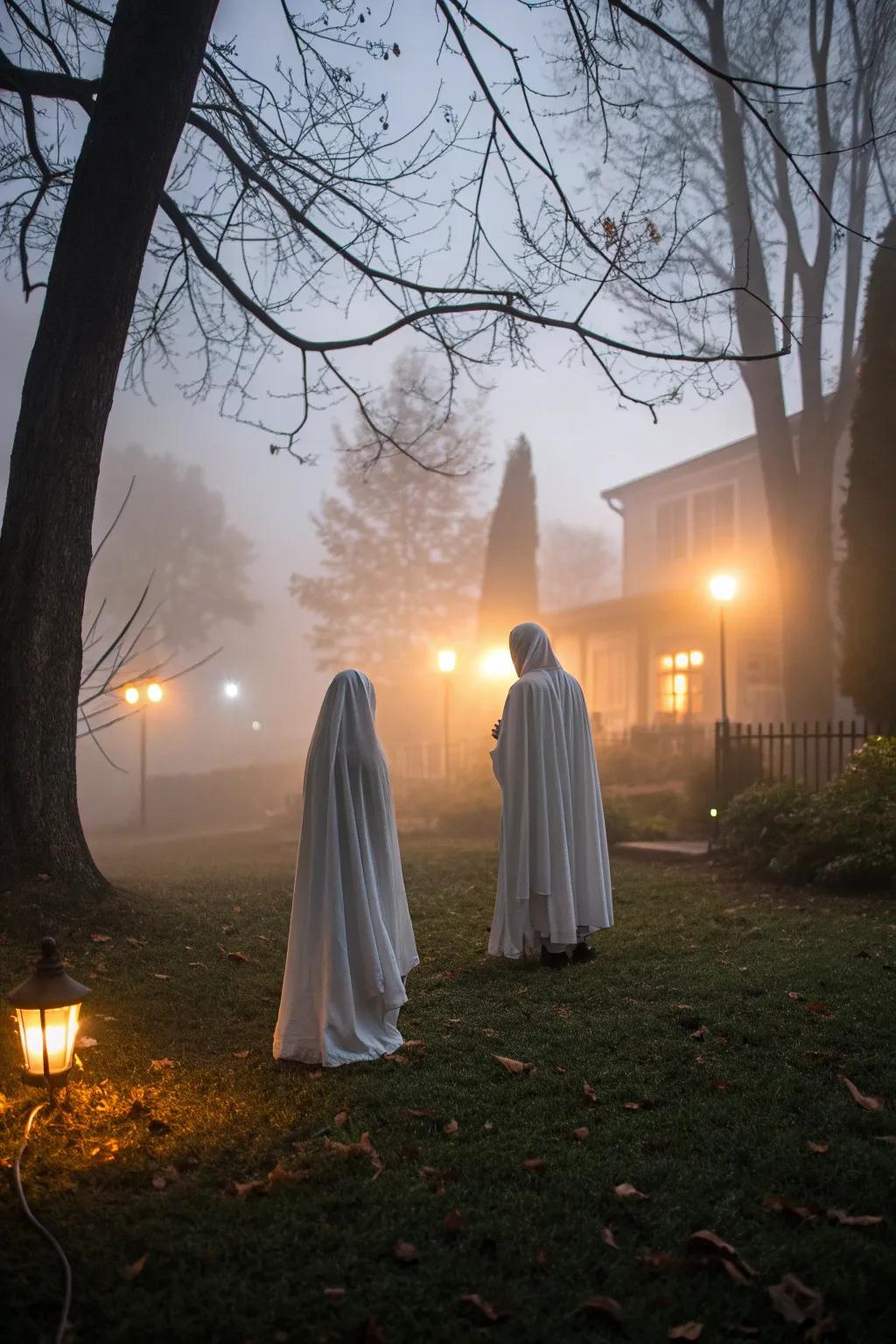 Ghostly figures haunting the yard, perfect for a frightful Halloween atmosphere.