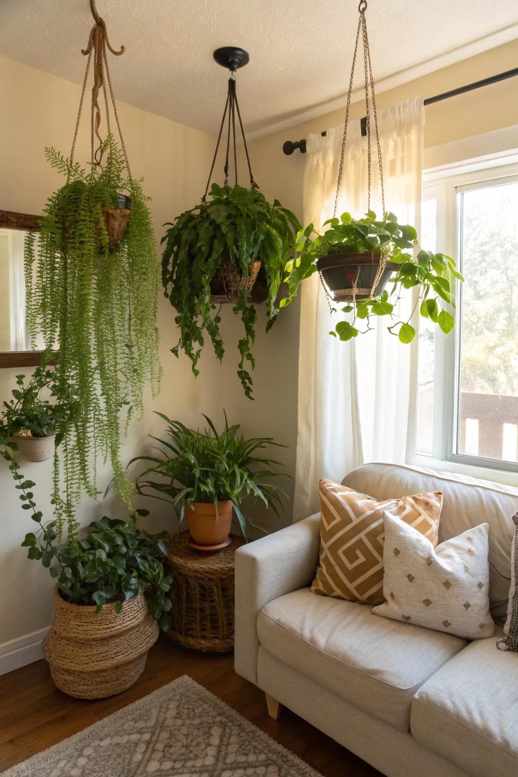 Corner plant hangers transform forgotten spaces into green retreats.