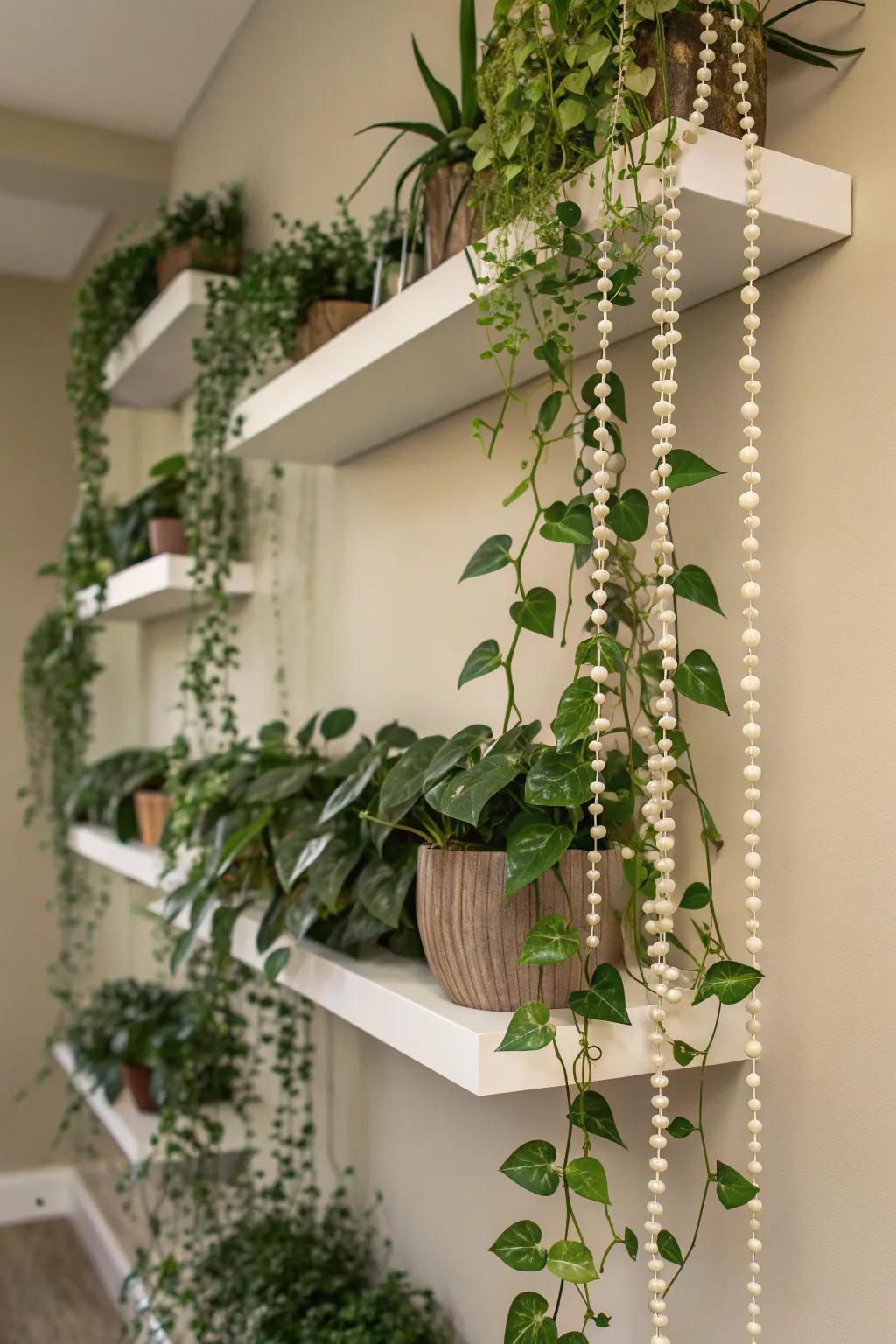 Floating shelves offer a stylish platform for cascading plants.