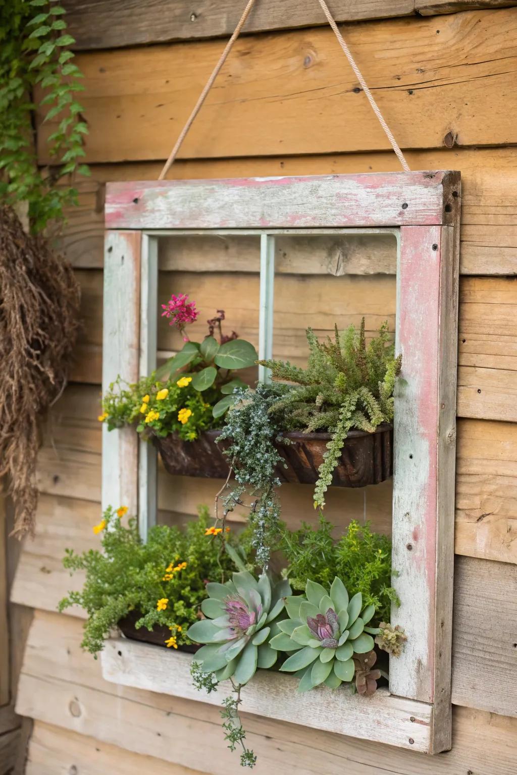 Window frame planters bring a vintage charm to your indoor garden.