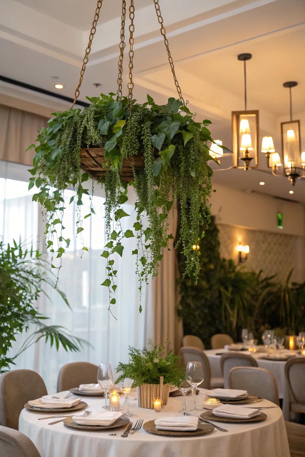 A plant chandelier serves as a stunning, green centerpiece.