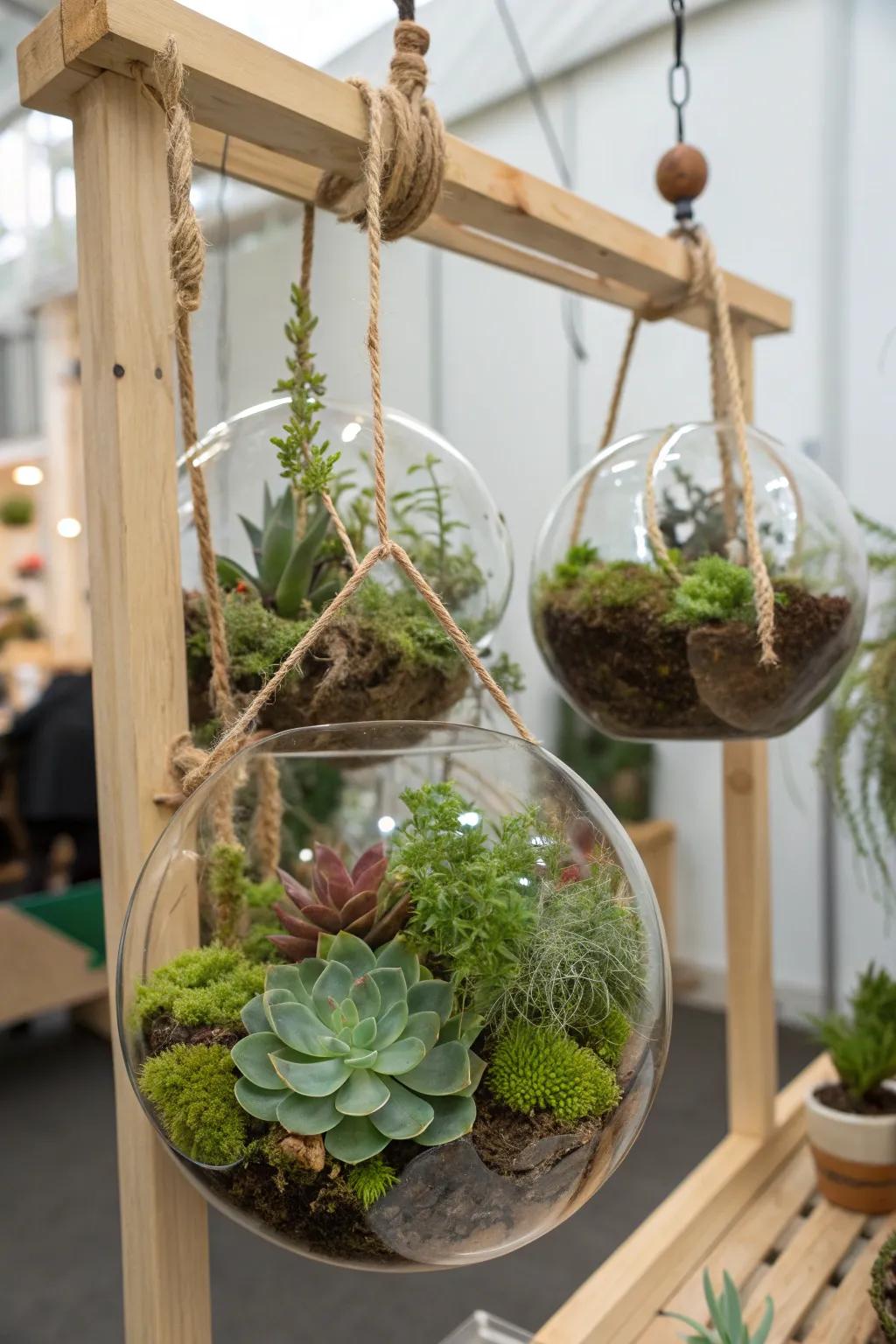 Hanging terrariums offer a creative twist on traditional plant displays.