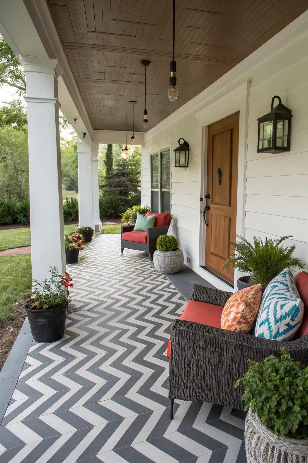 Chevron patterns create a dramatic entrance.