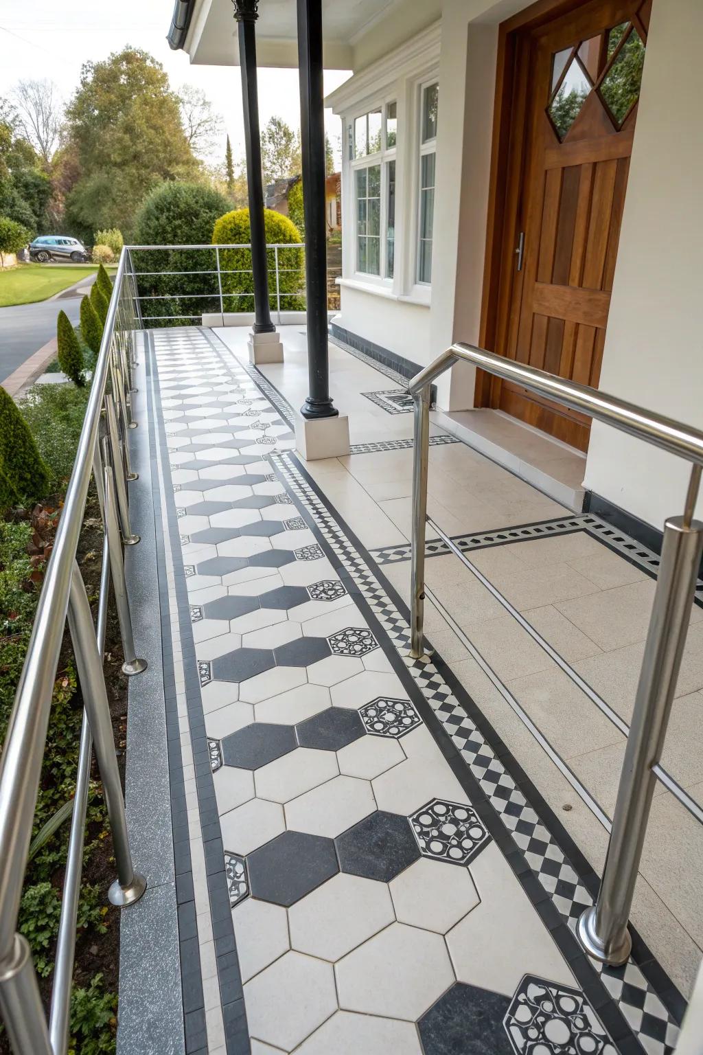 Geometric tiles offer a modern twist to any porch.