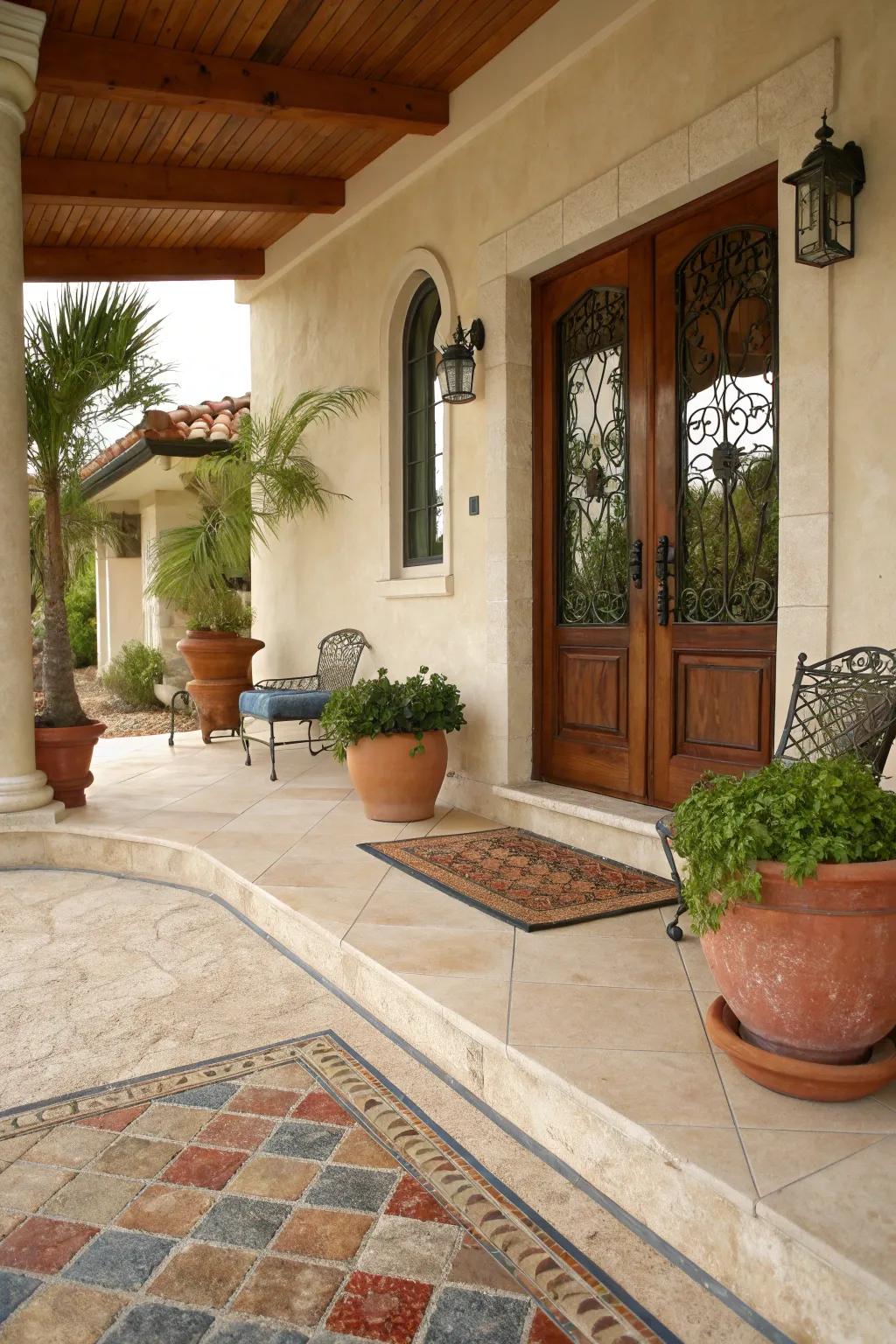 Travertine tiles offer warm Mediterranean charm.