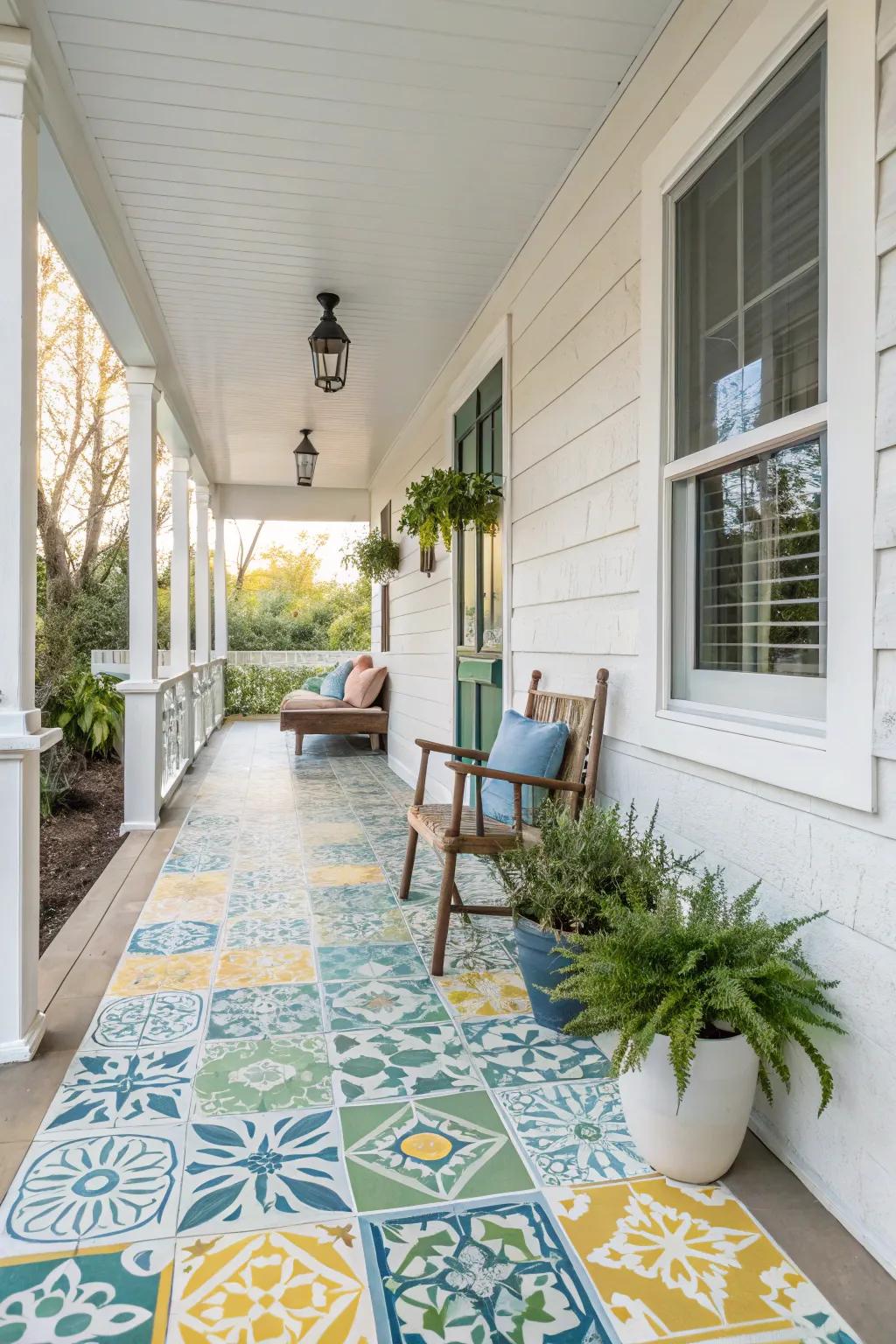 Cement tiles add vibrant personality to your porch.