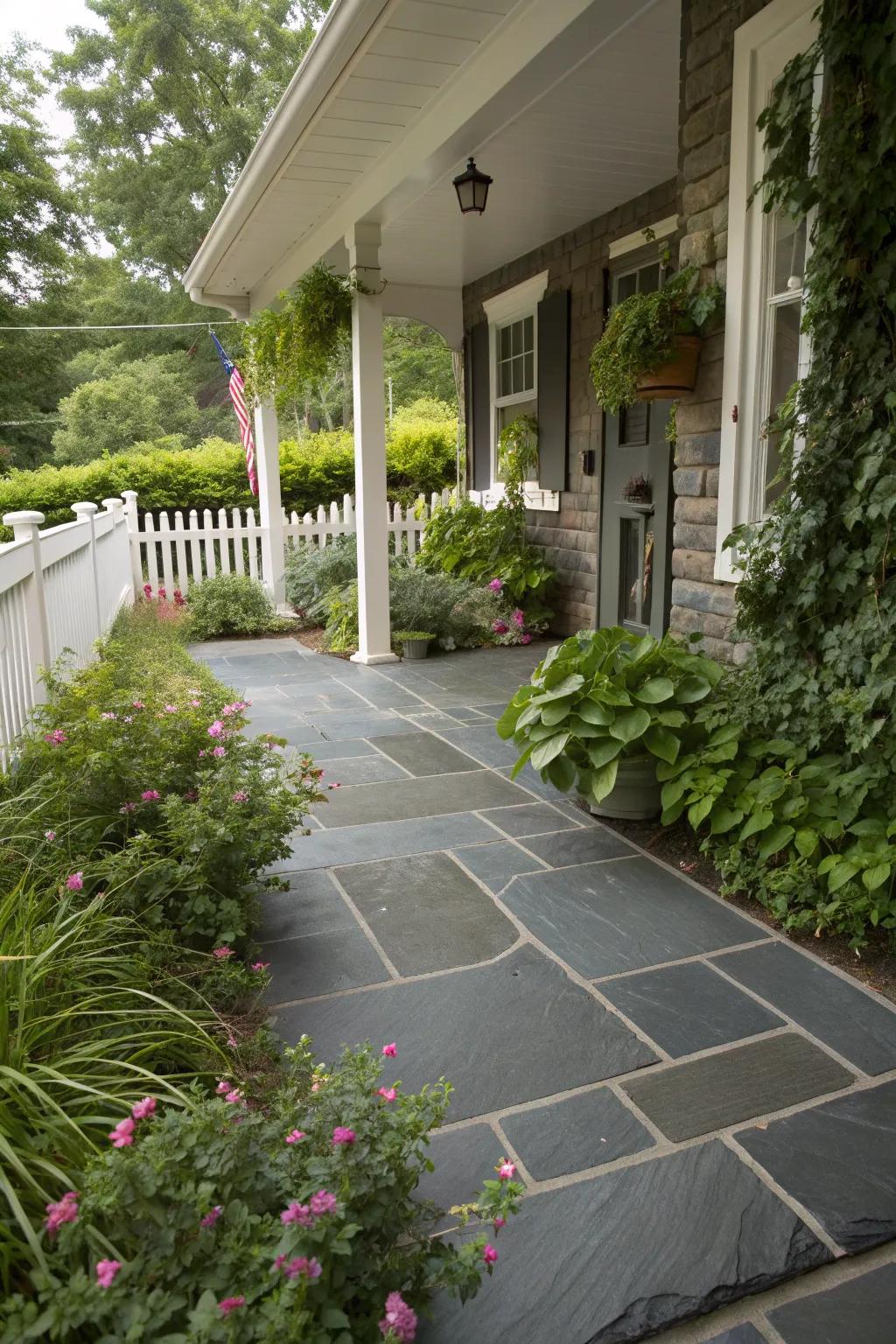 Natural slate tiles provide texture and safety.