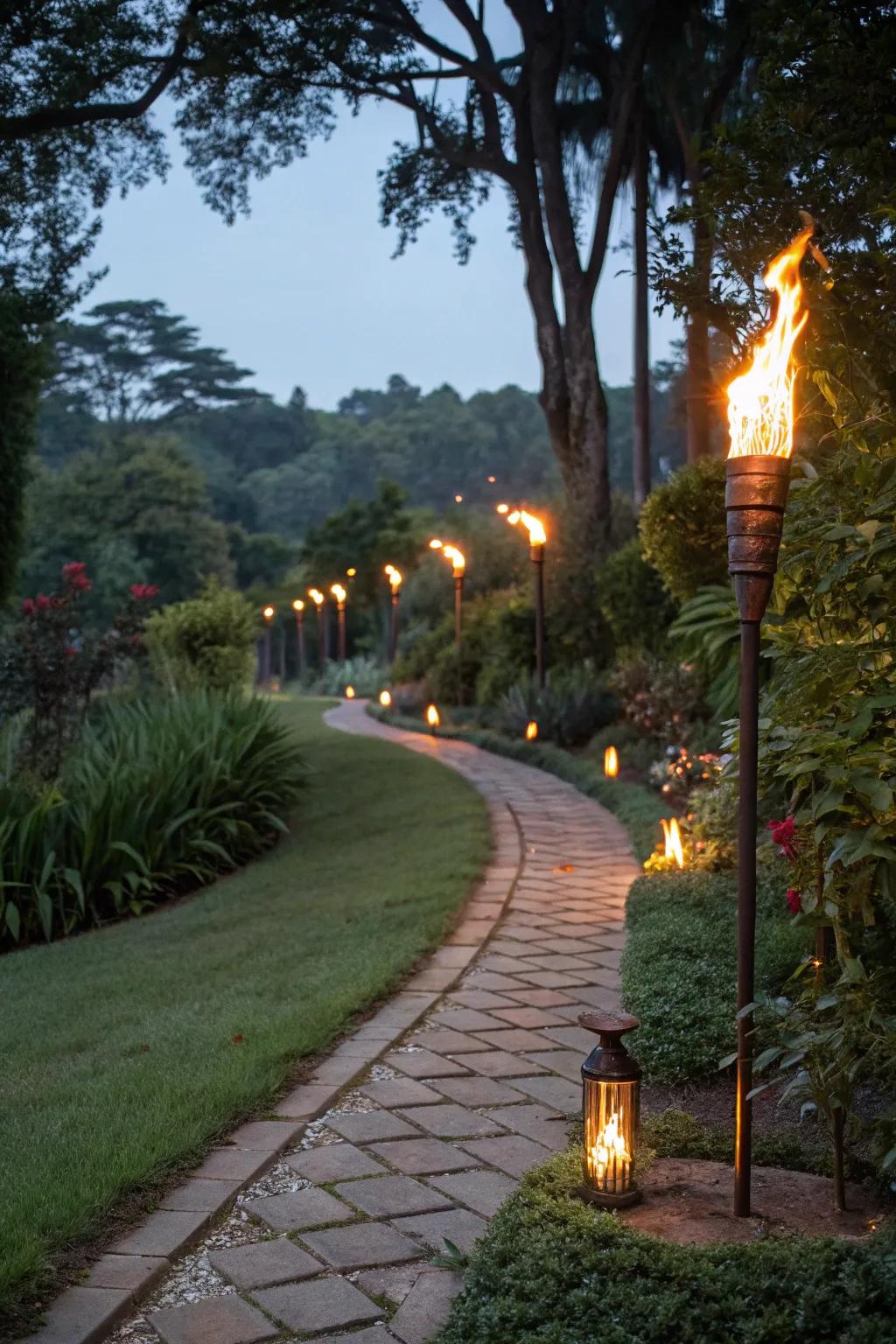 Add drama with solar torch path lights.