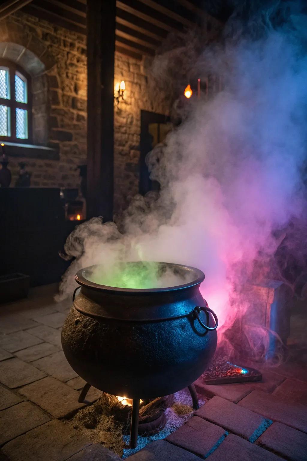 Create a spellbinding cauldron with fog and lights.