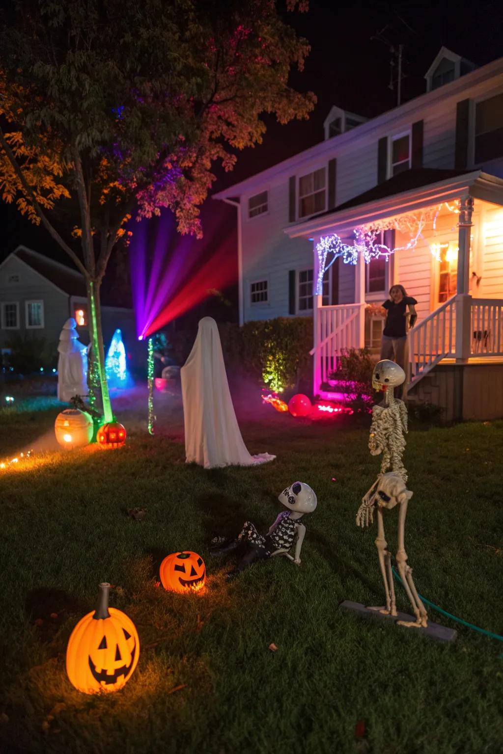 Floodlights add a haunting glow to your Halloween decorations.