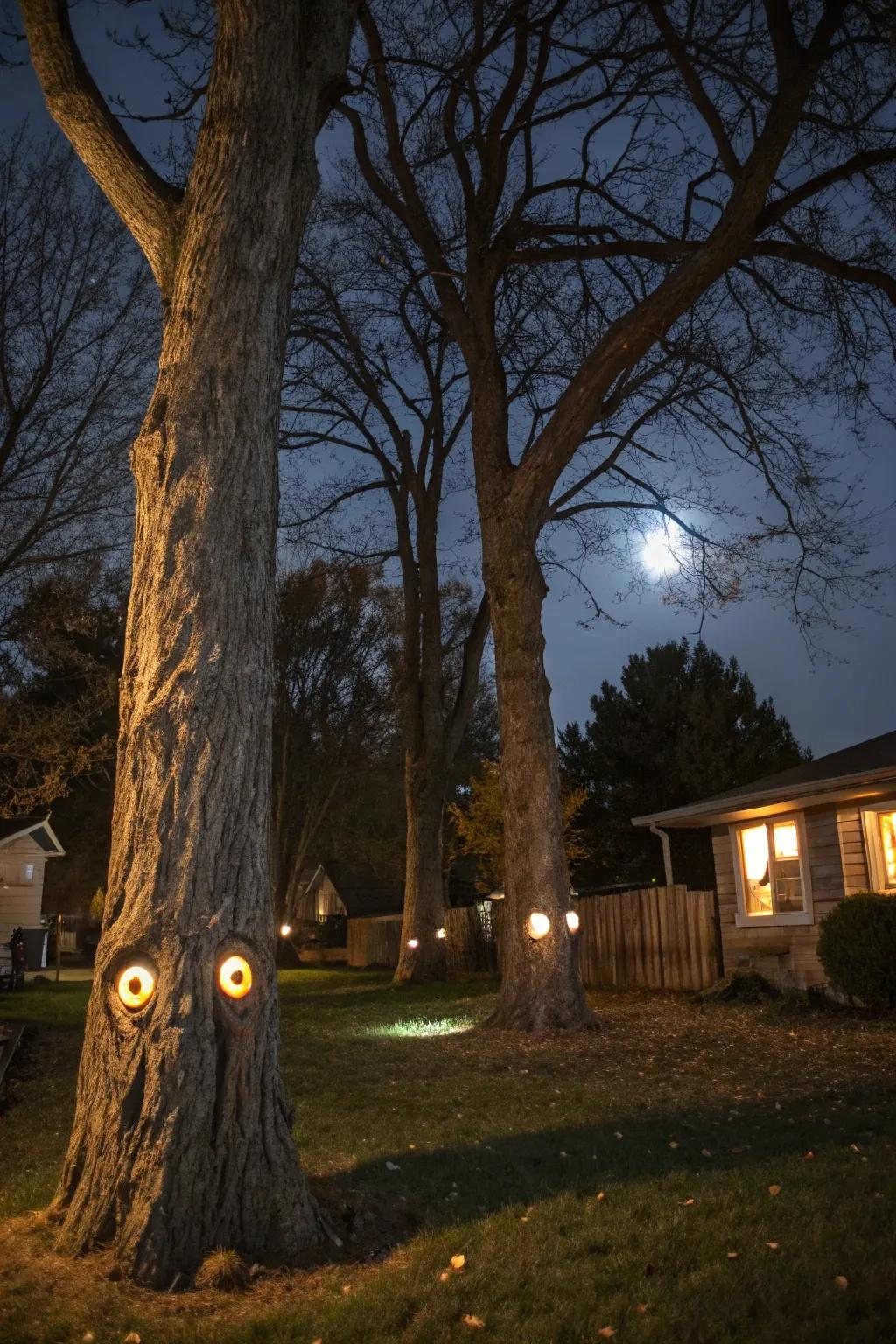 Create eerie tree faces with light-up eyes.