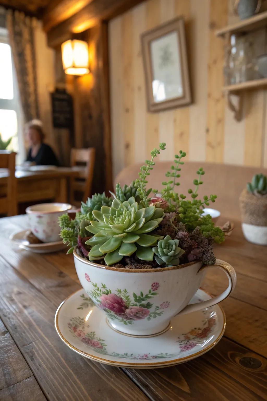 Delightful tea cup gardens bring a whimsical touch indoors.