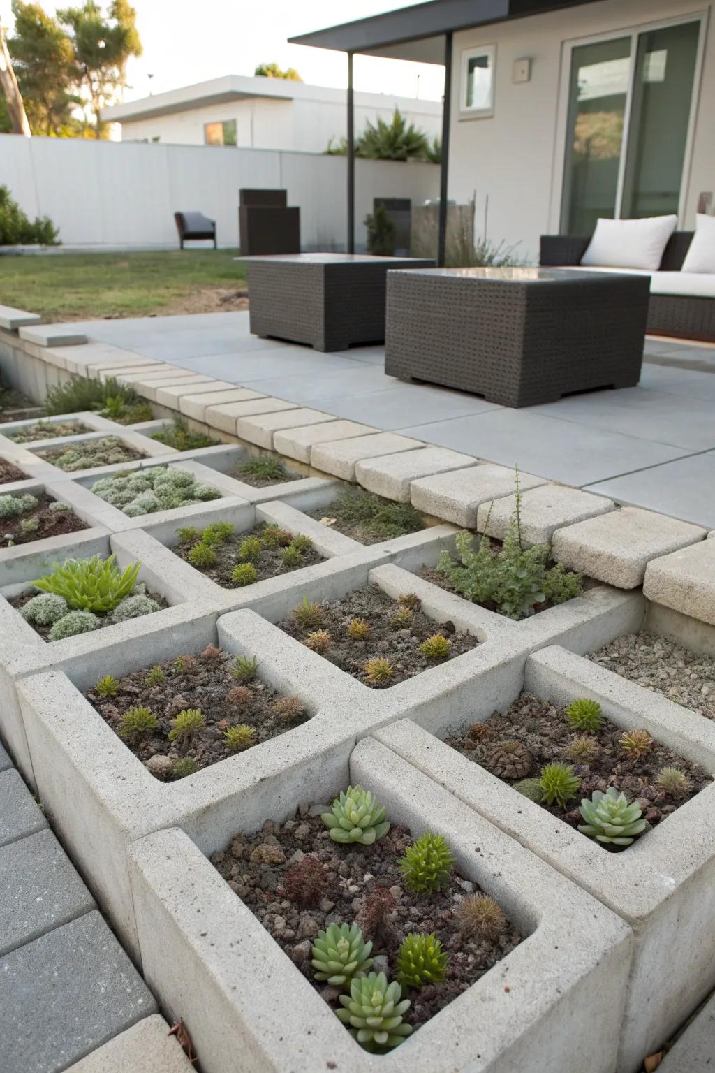 Concrete blocks offer a structured and modern planter option.
