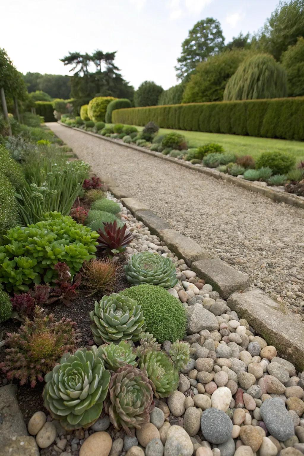 Pebble pathway planters create a natural and cohesive garden design.