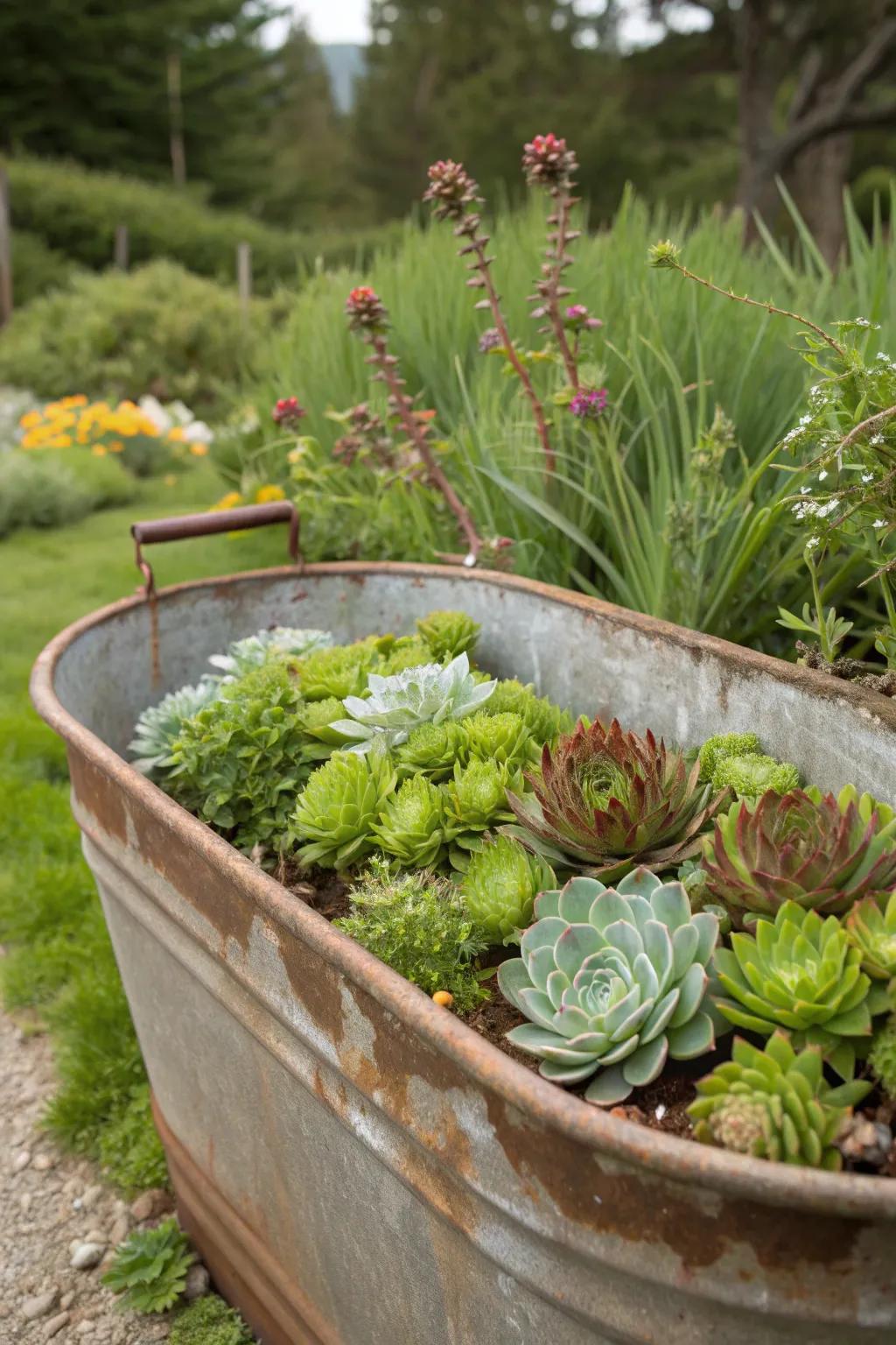 Metal tubs provide a spacious and vintage planter option.