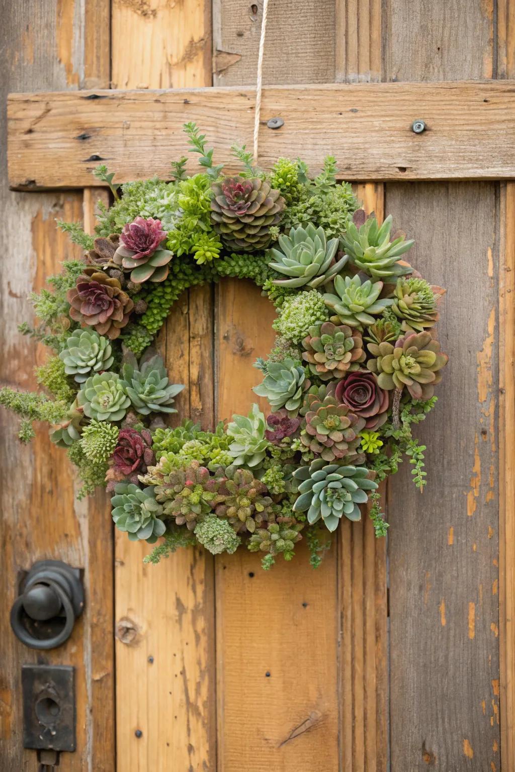 A succulent living wreath makes a stunning entrance.