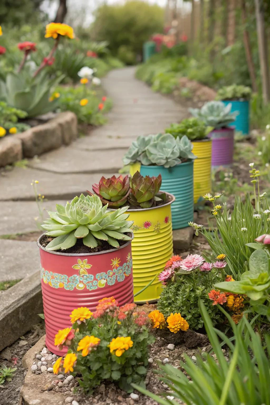 Upcycled tin cans offer a vibrant and budget-friendly planter option.