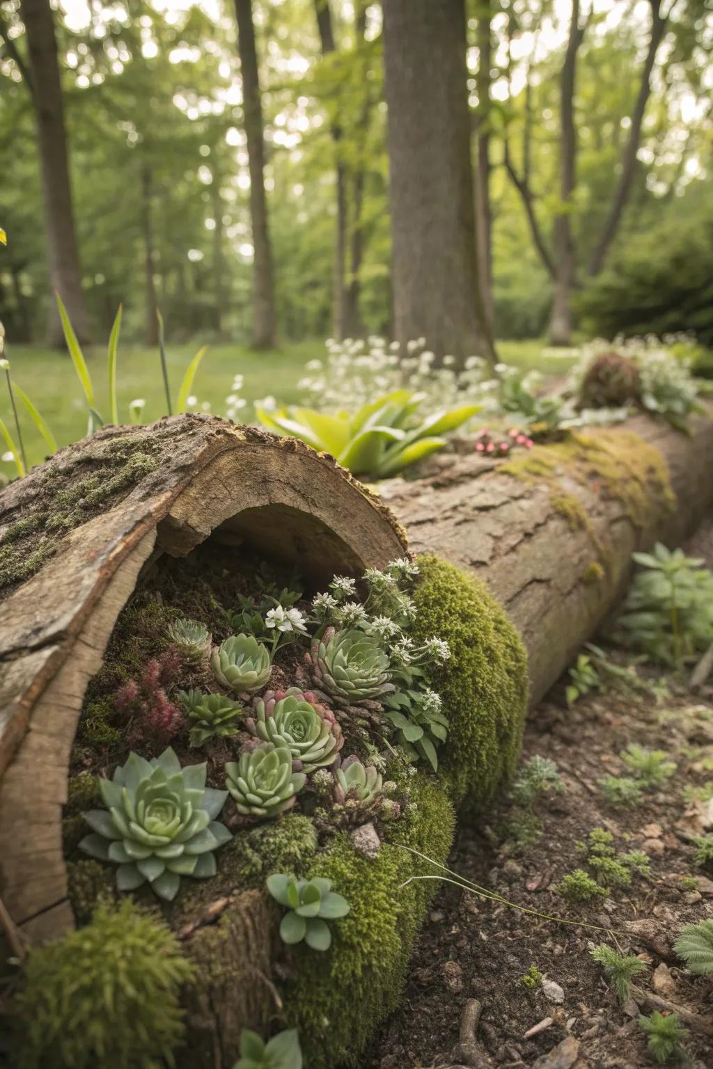 Hollow logs provide a natural and rustic planting option.