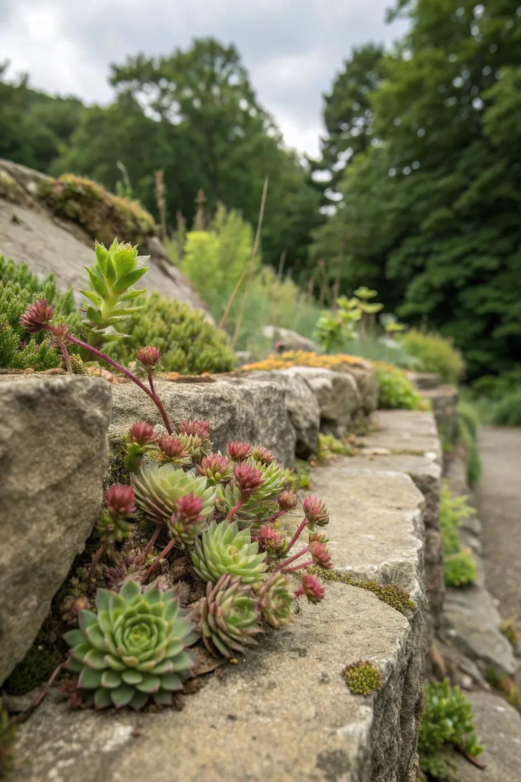 Stone wall crevices offer a natural and artistic setting for succulents.
