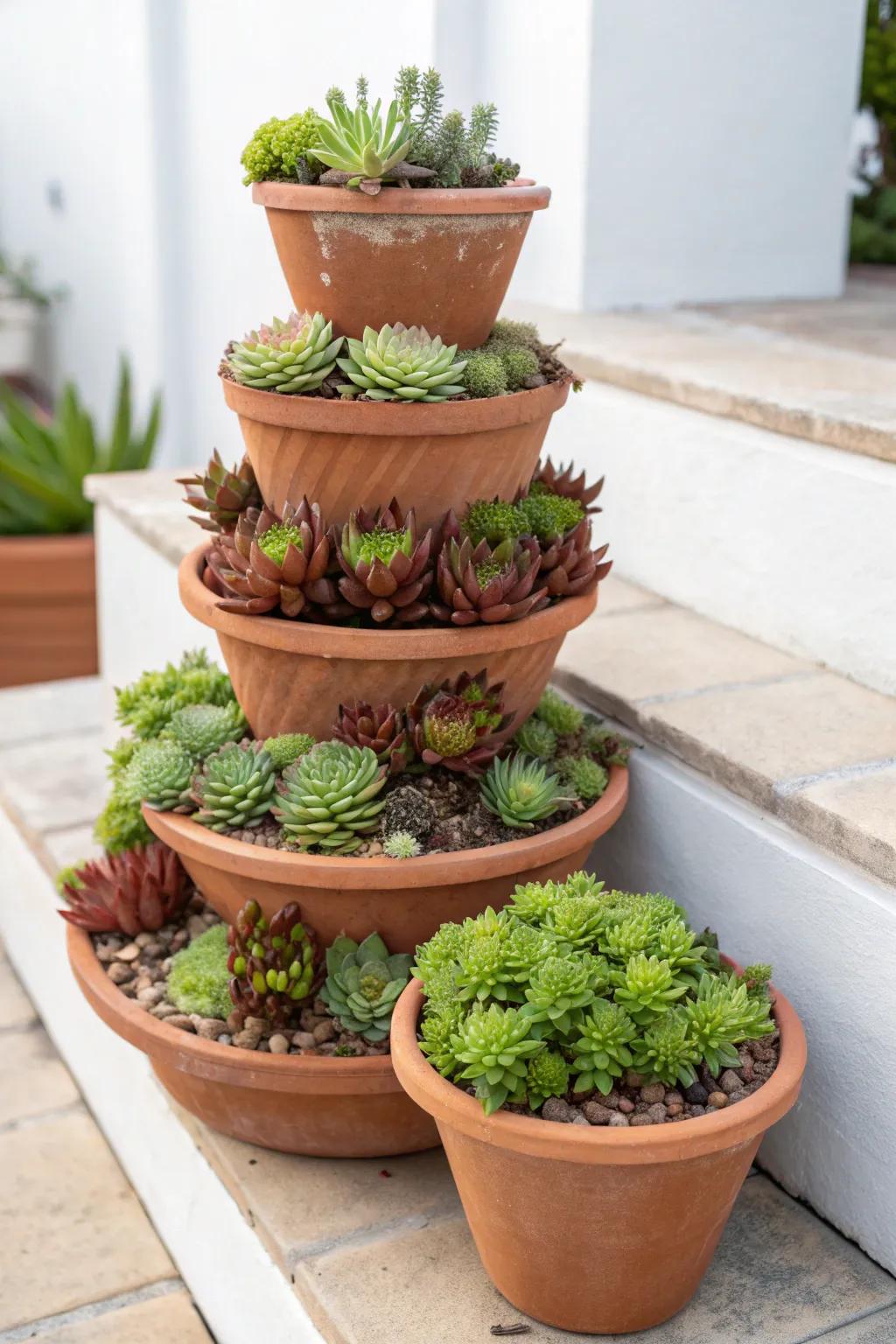 Create height and dimension with tiered terracotta towers.