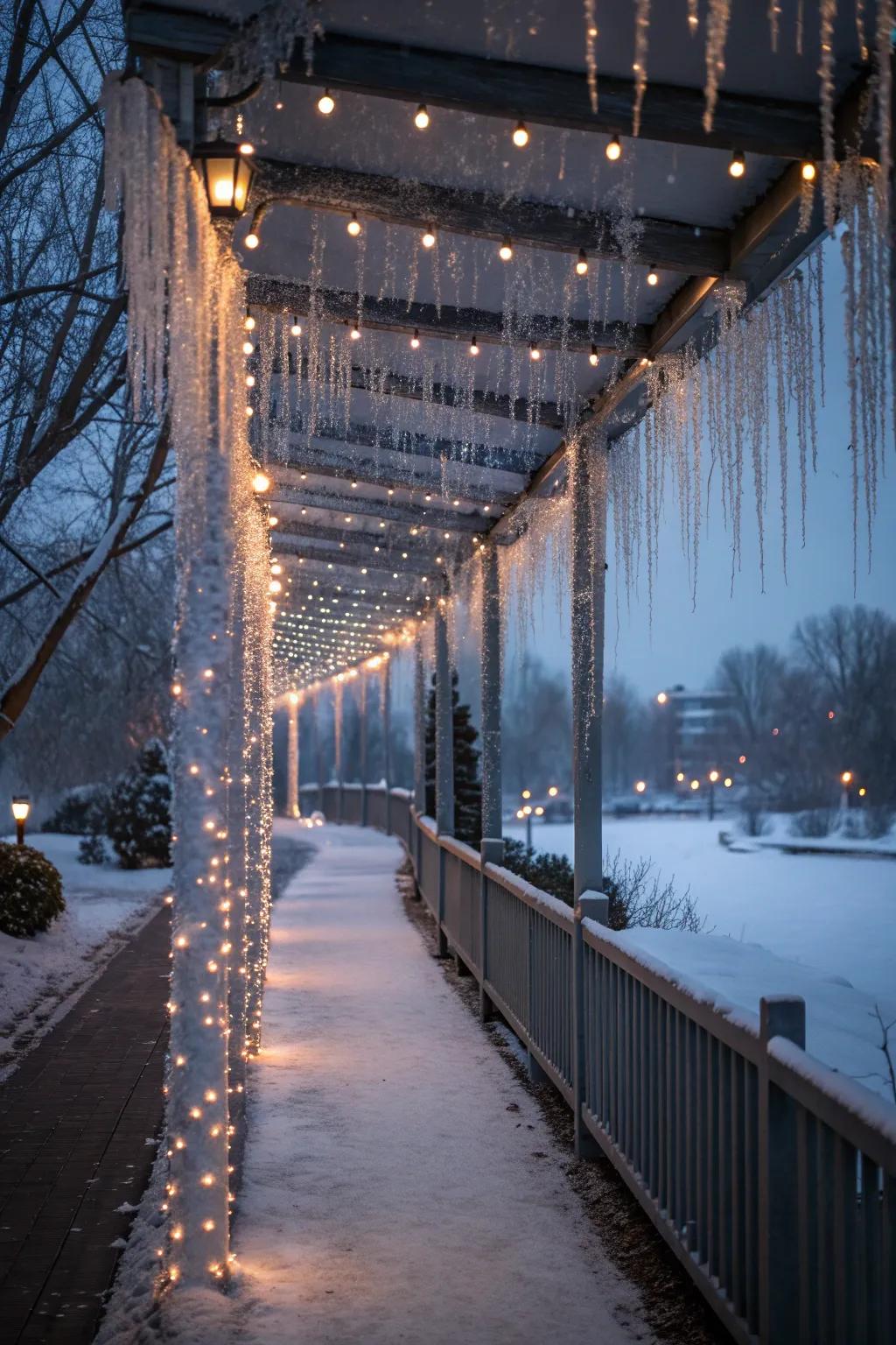 A winter wonderland effect with icicle lights hanging along the pathway.