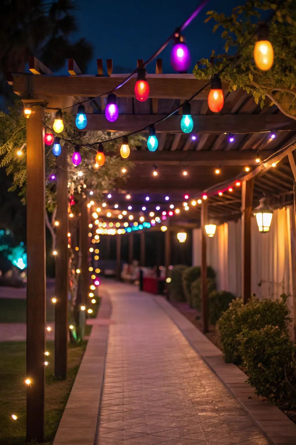 A lively walkway glowing with colorful string lights, radiating festive cheer.
