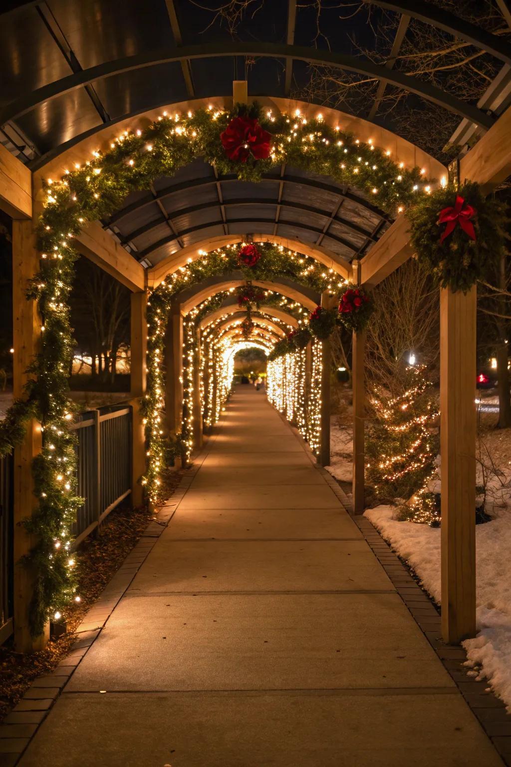 A charming walkway adorned with lighted wreaths and garlands, adding elegance to the holiday decor.