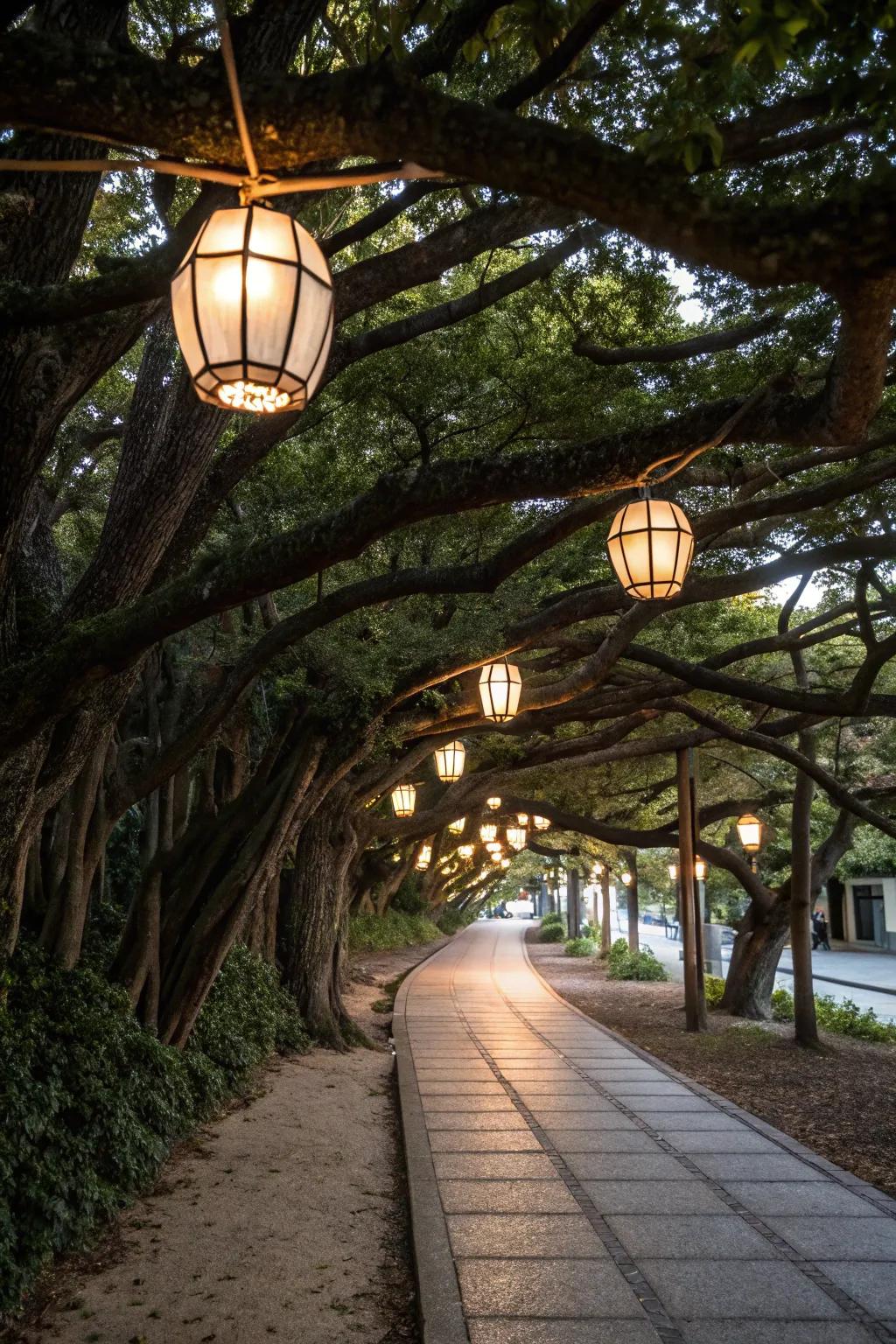 A cozy path with lanterns hanging from tree branches, enhancing a natural theme.