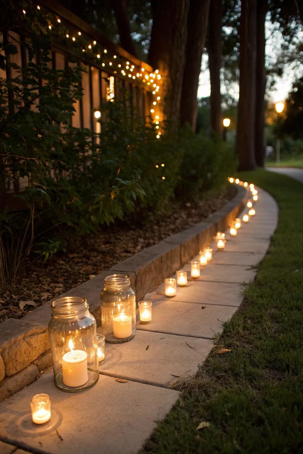 A rustic path illuminated by mason jar candle luminaries with a cozy glow.