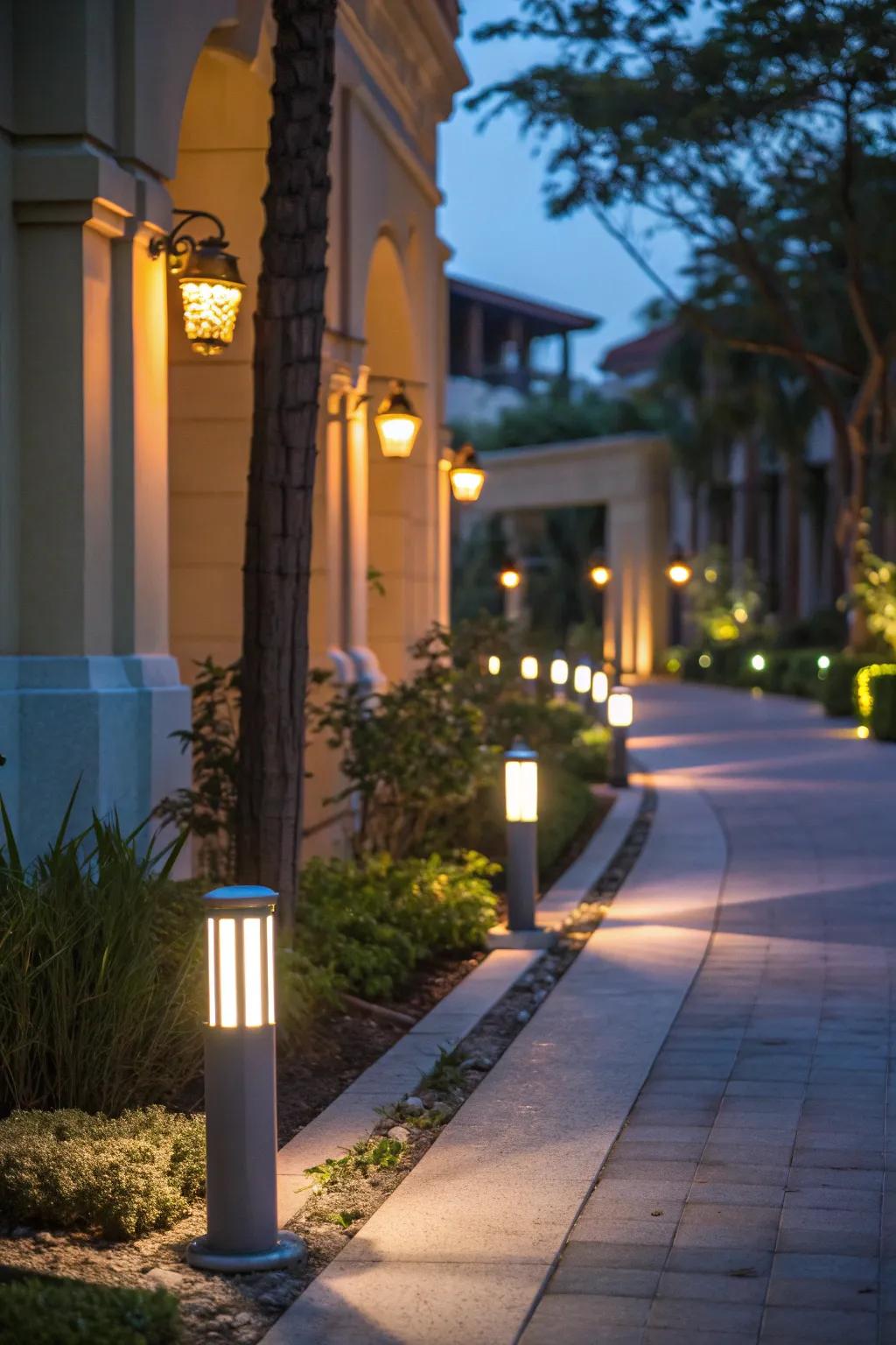 A striking contrast on the path with a combination of warm and cool lights.