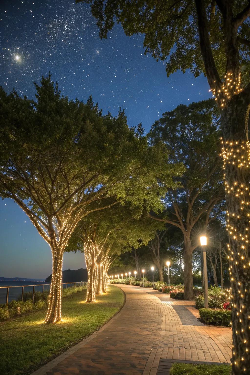 A stunning walkway with tree trunks wrapped in twinkling lights, creating a shimmering effect.