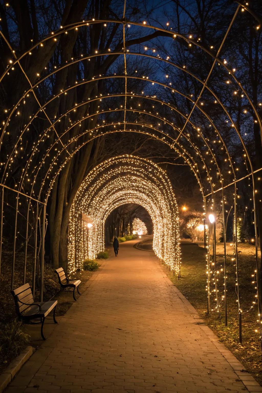 A stunning entryway with string light arches forming a magical tunnel.