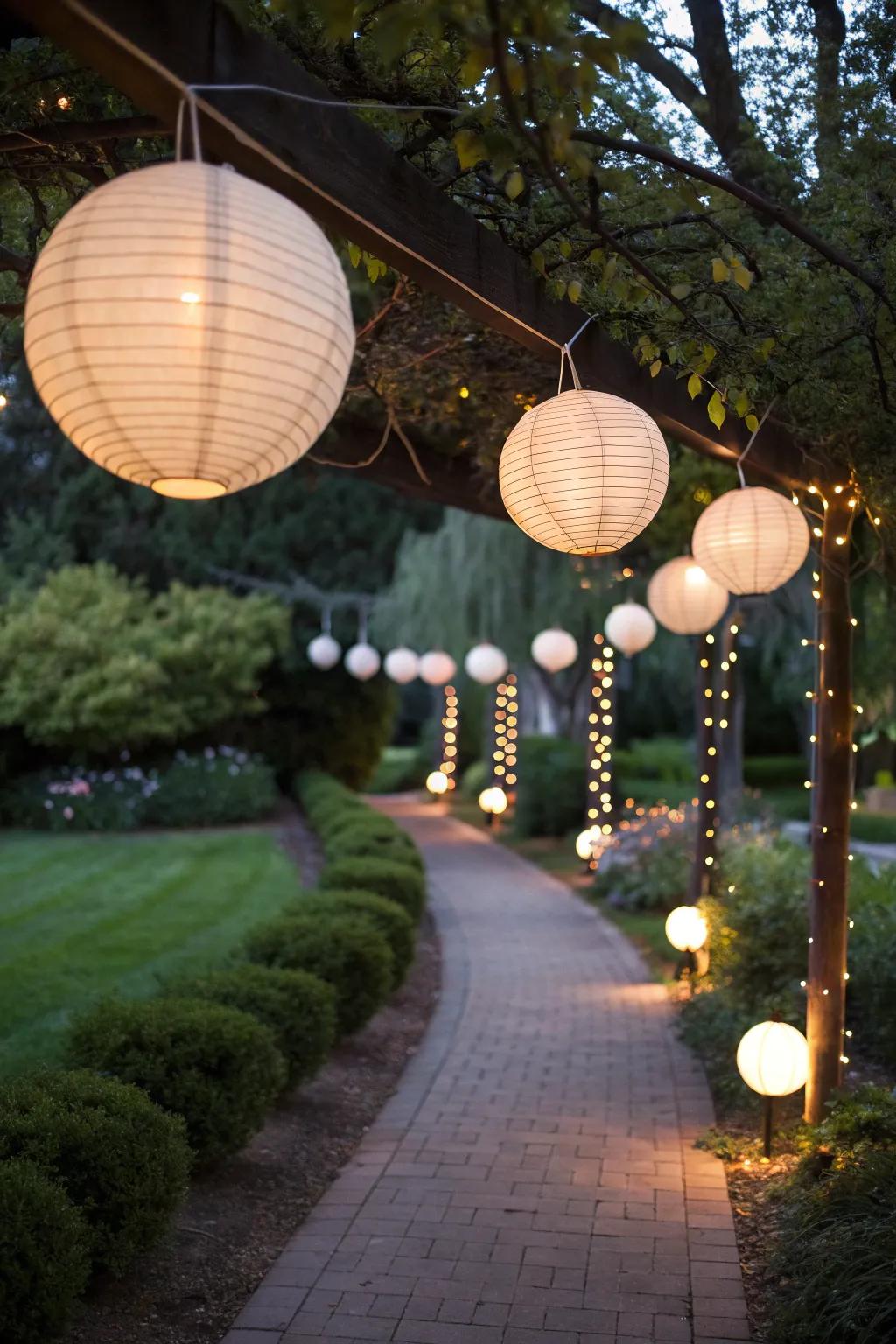 A modern path with DIY lighted orbs creating a contemporary glow.