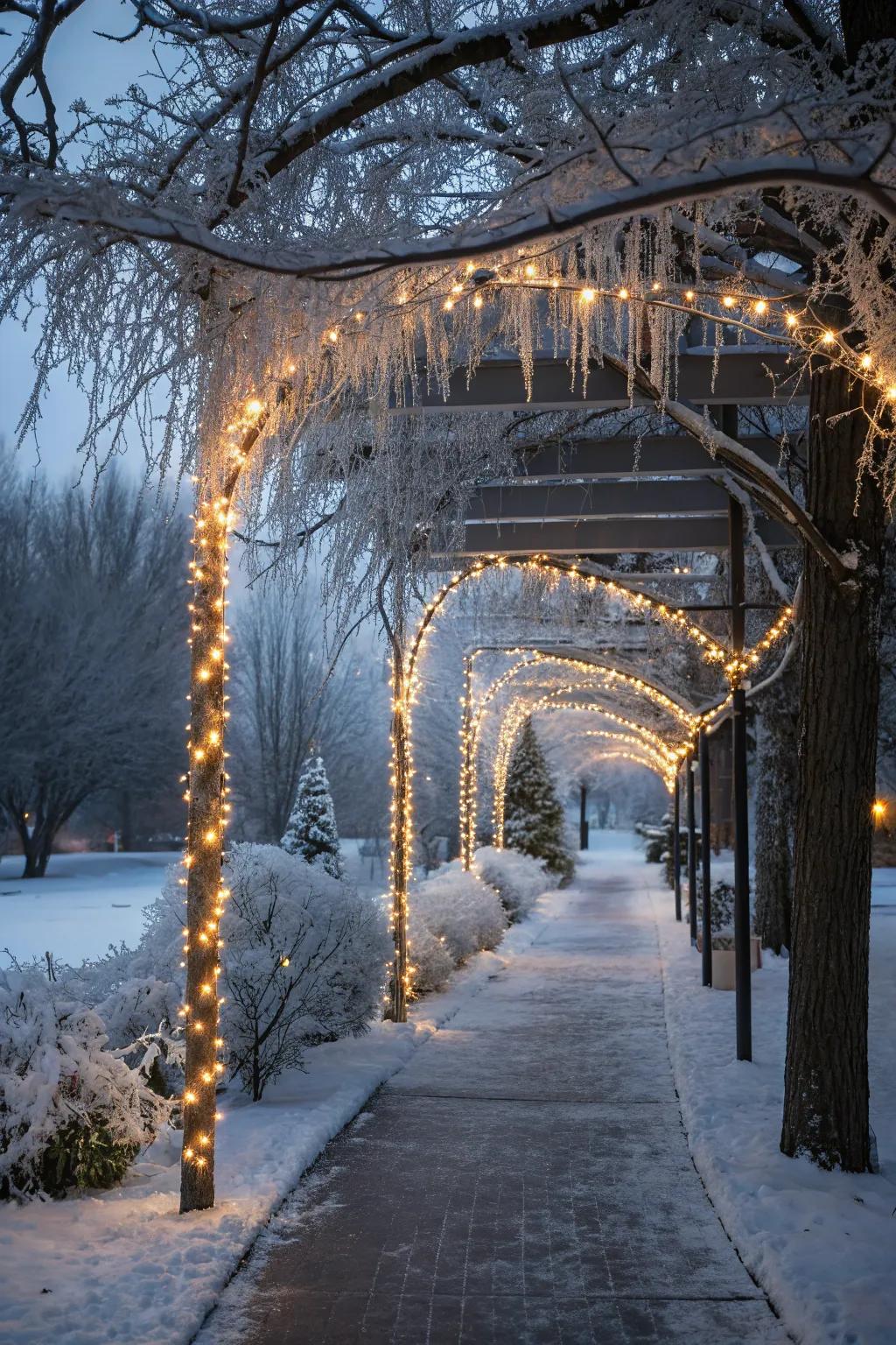 A winter wonderland effect with icicle pathway lights mimicking frozen drips.
