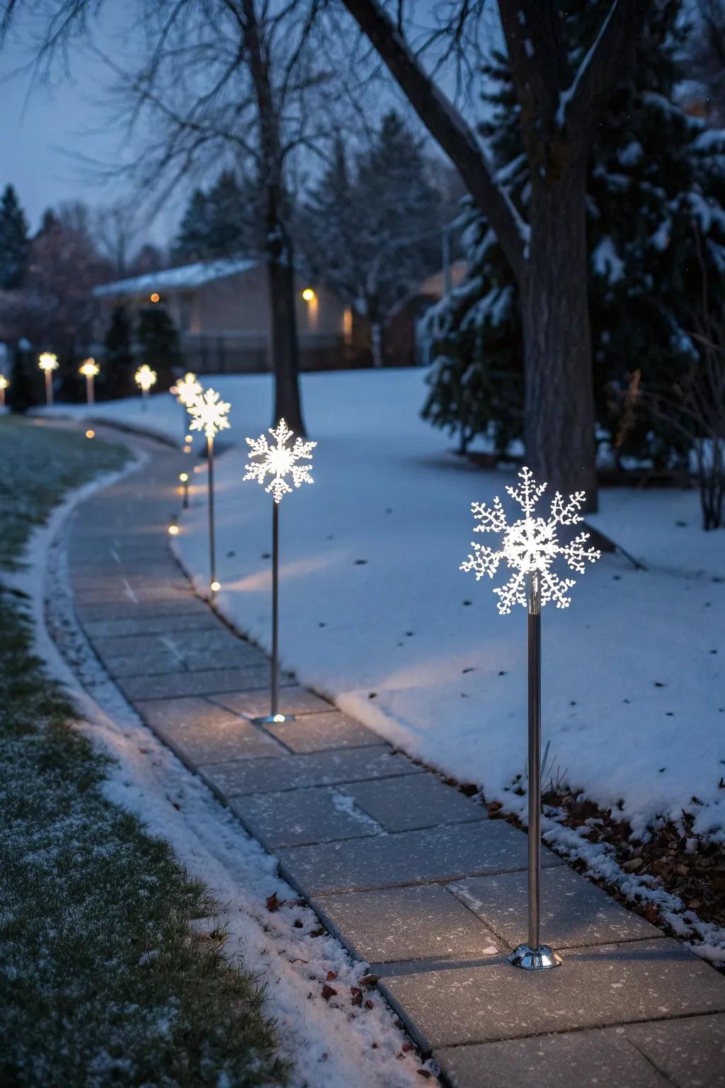 A magical winter pathway illuminated by solar snowflake stakes.