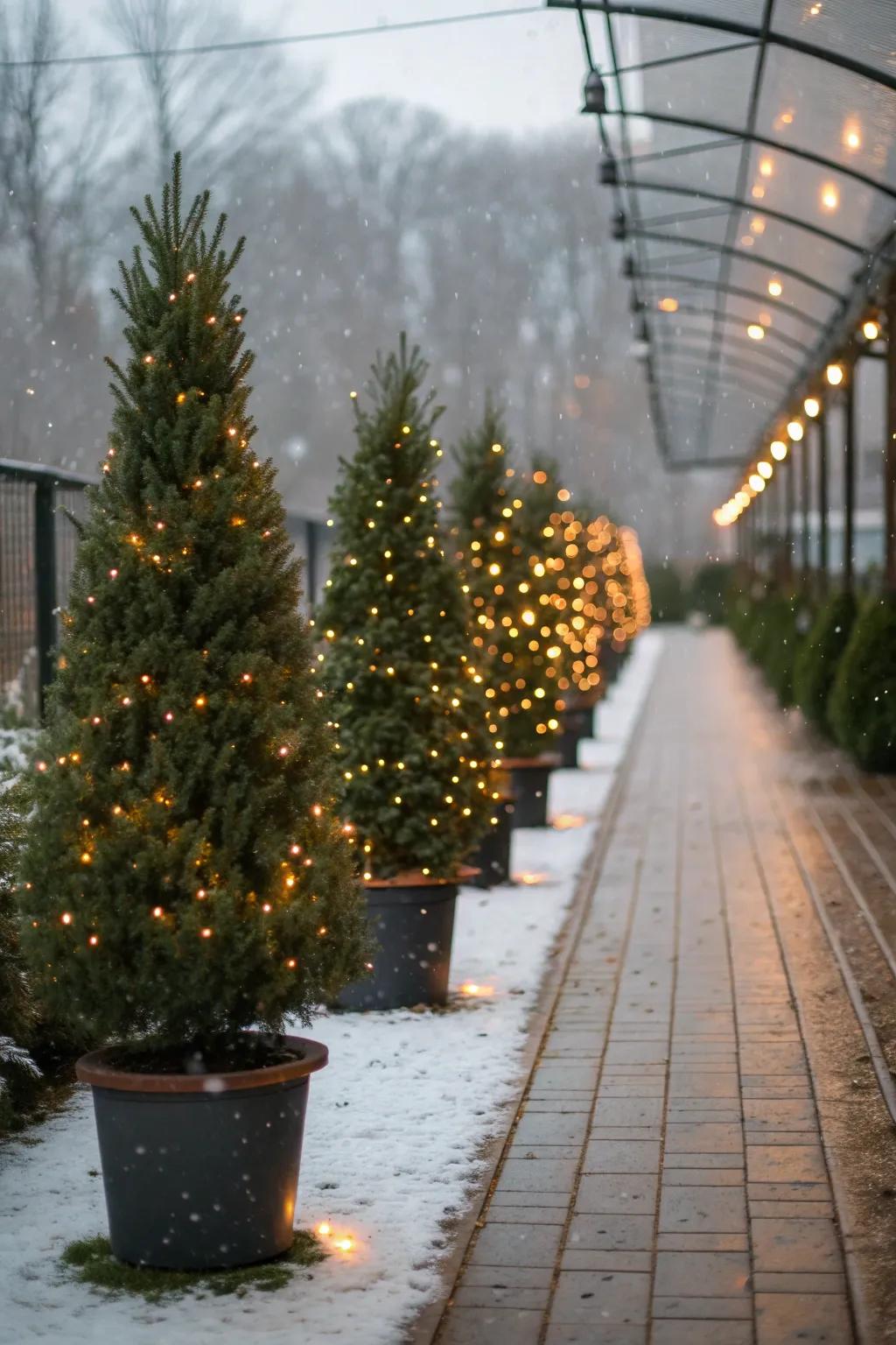 A charming path with Christmas trees lining the walkway, adding festive warmth.