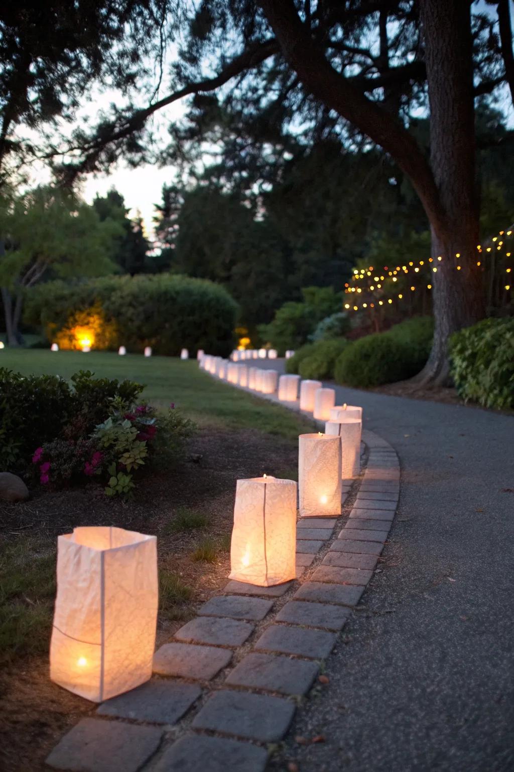 A cozy walkway illuminated by luminary bags, offering a warm and inviting glow.