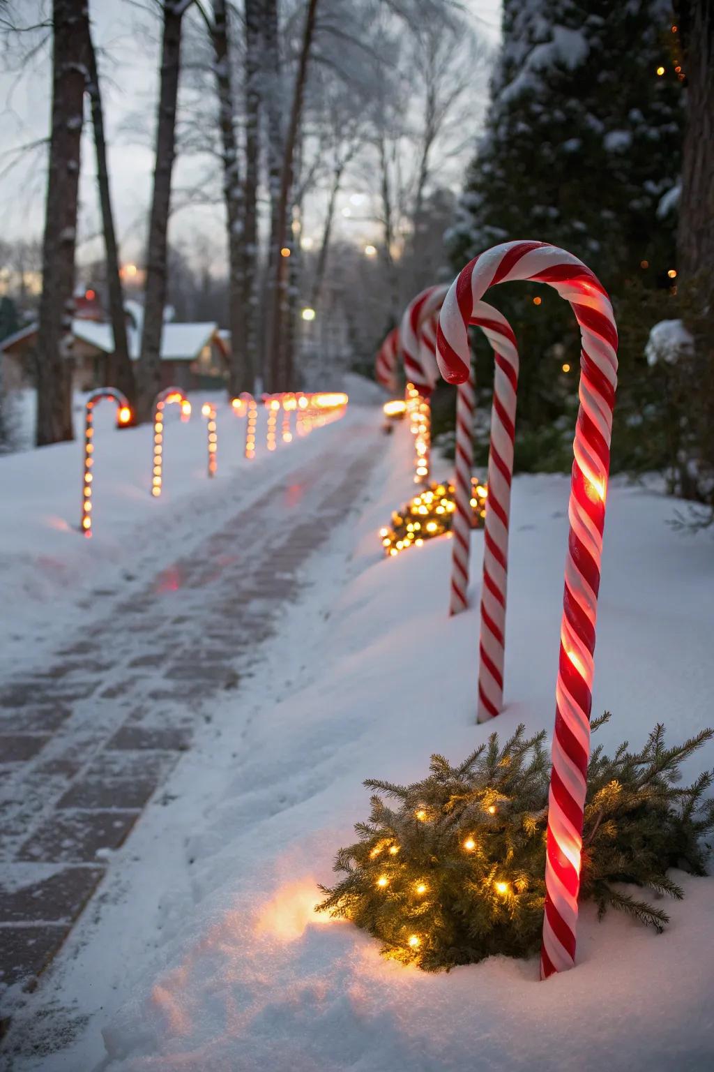 A magical walkway lined with candy cane lights, creating a classic Christmas atmosphere.