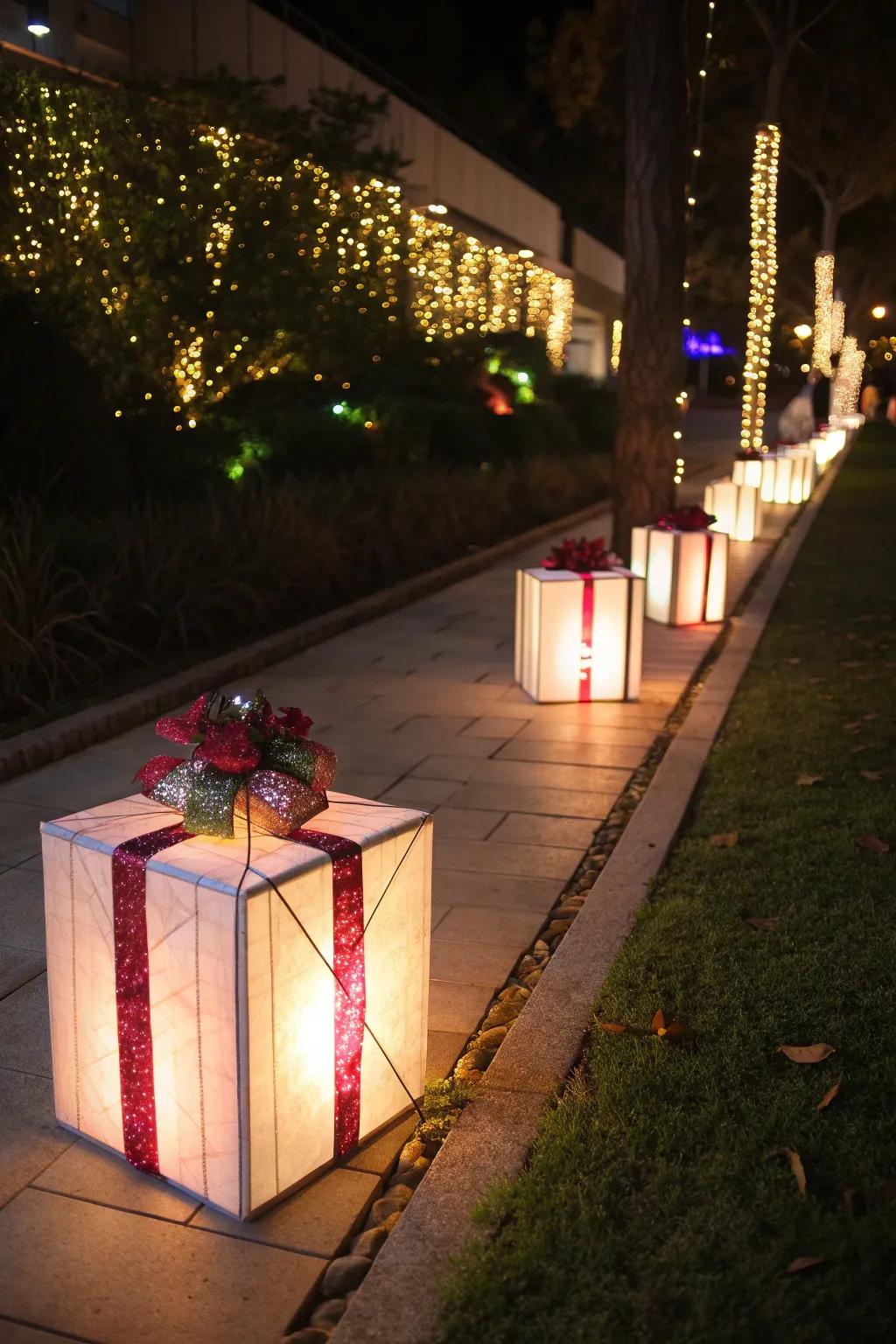 A playful path with glowing gift boxes creating a festive atmosphere.